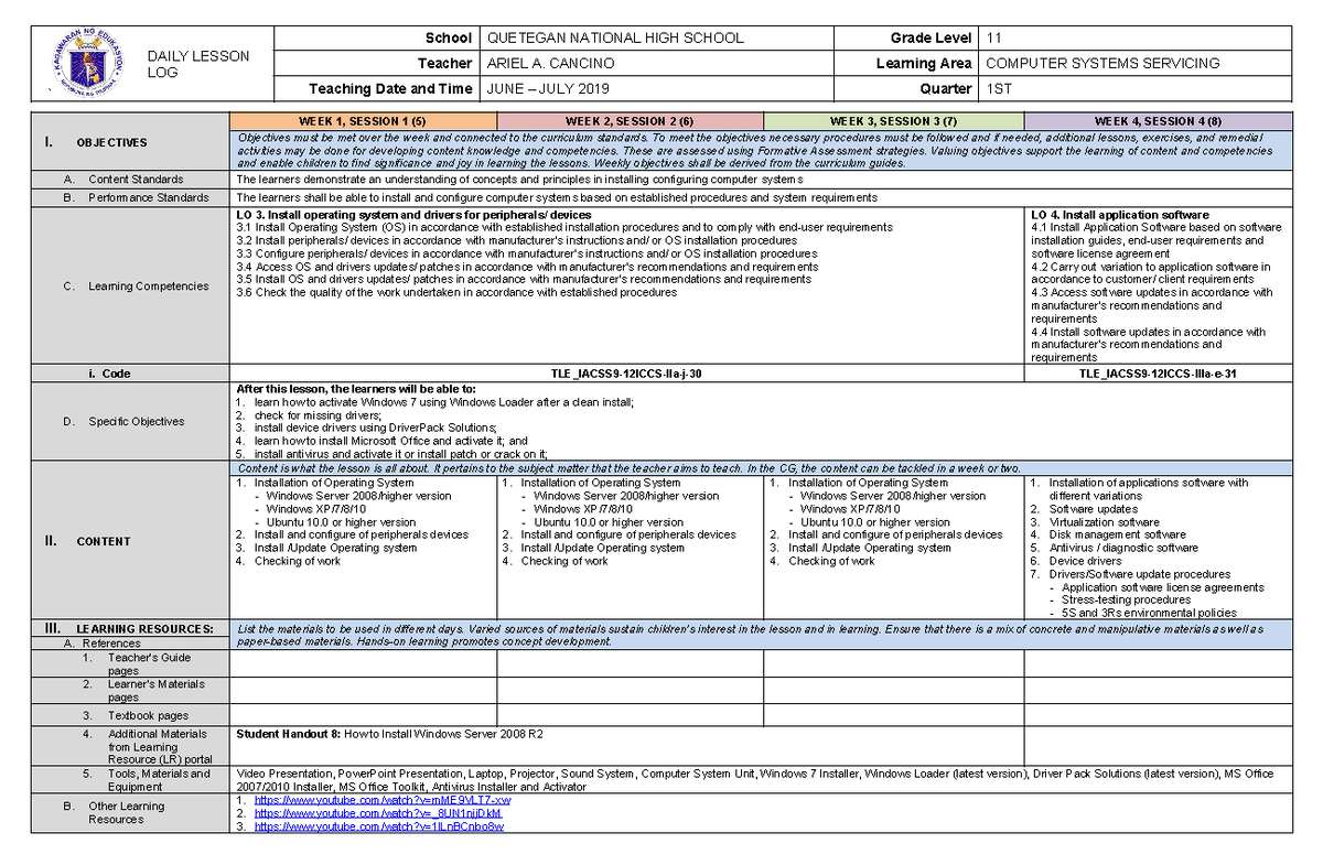 CSS 9 DLL Q2 W1 - Quarter 2 Dll For Css 9 - ` DAILY LESSON LOG School ...