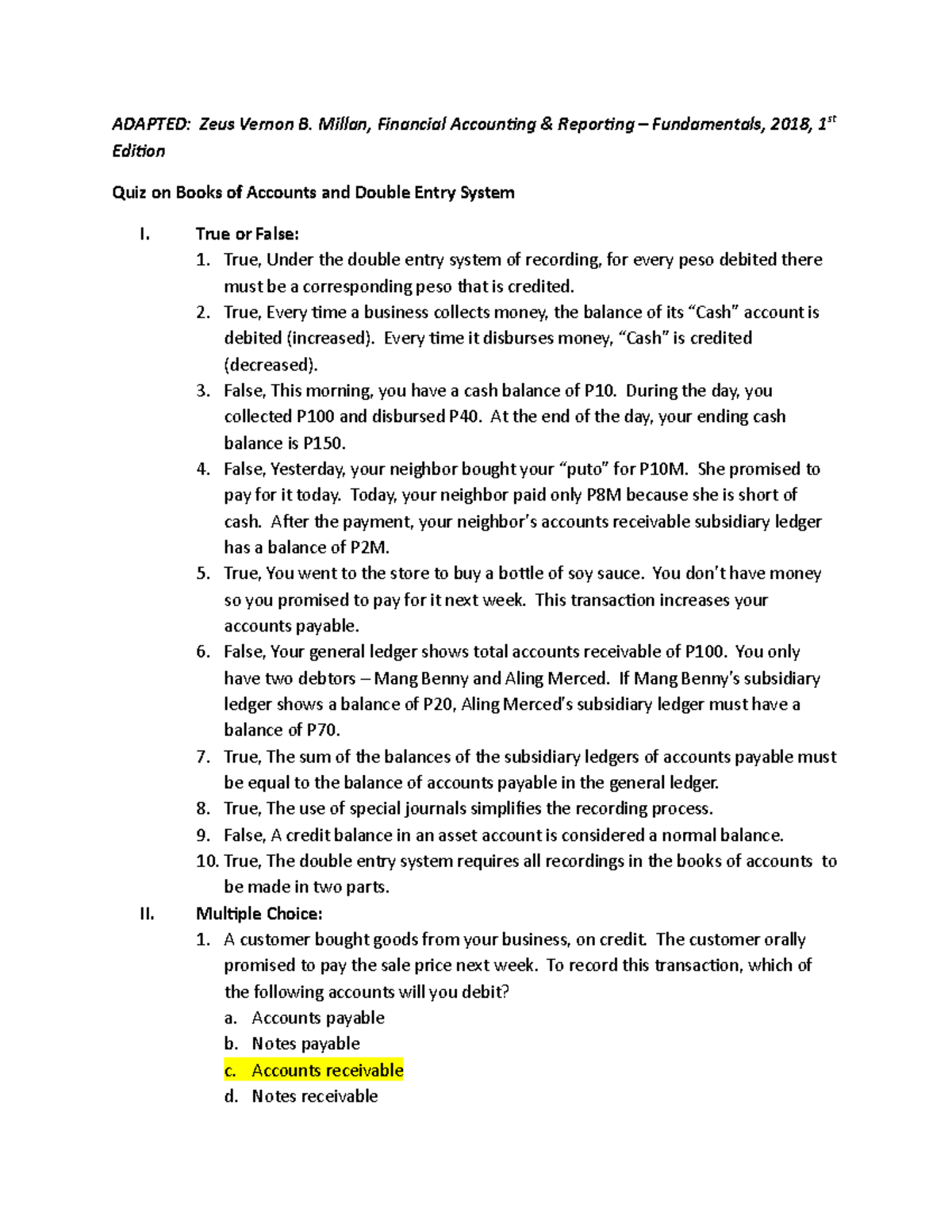 Quiz on Books of Accounts and Double Entry System - ADAPTED: Zeus ...