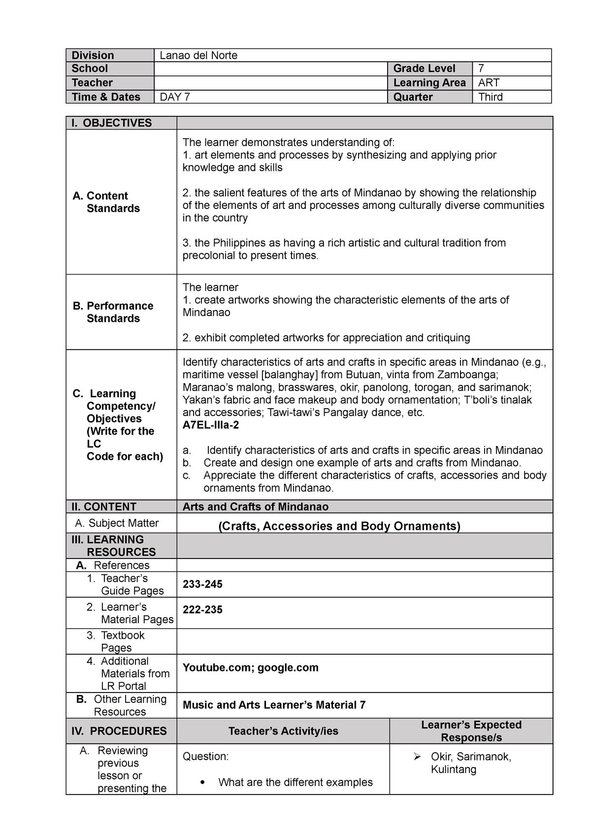 DETAILED LESSON PLAN - Division Lanao del Norte School Grade Level 7 ...