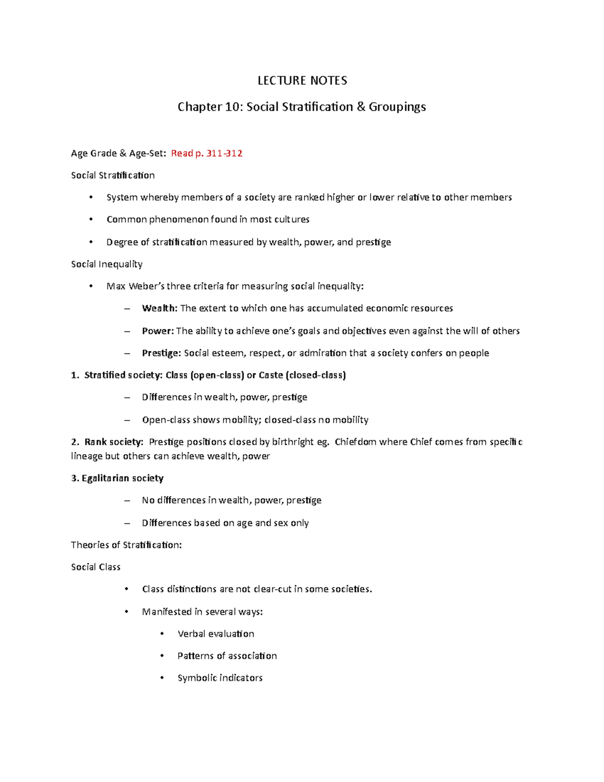 ANTH 11031 C10 ce Social Stratification Lecture Notes - LECTURE NOTES ...