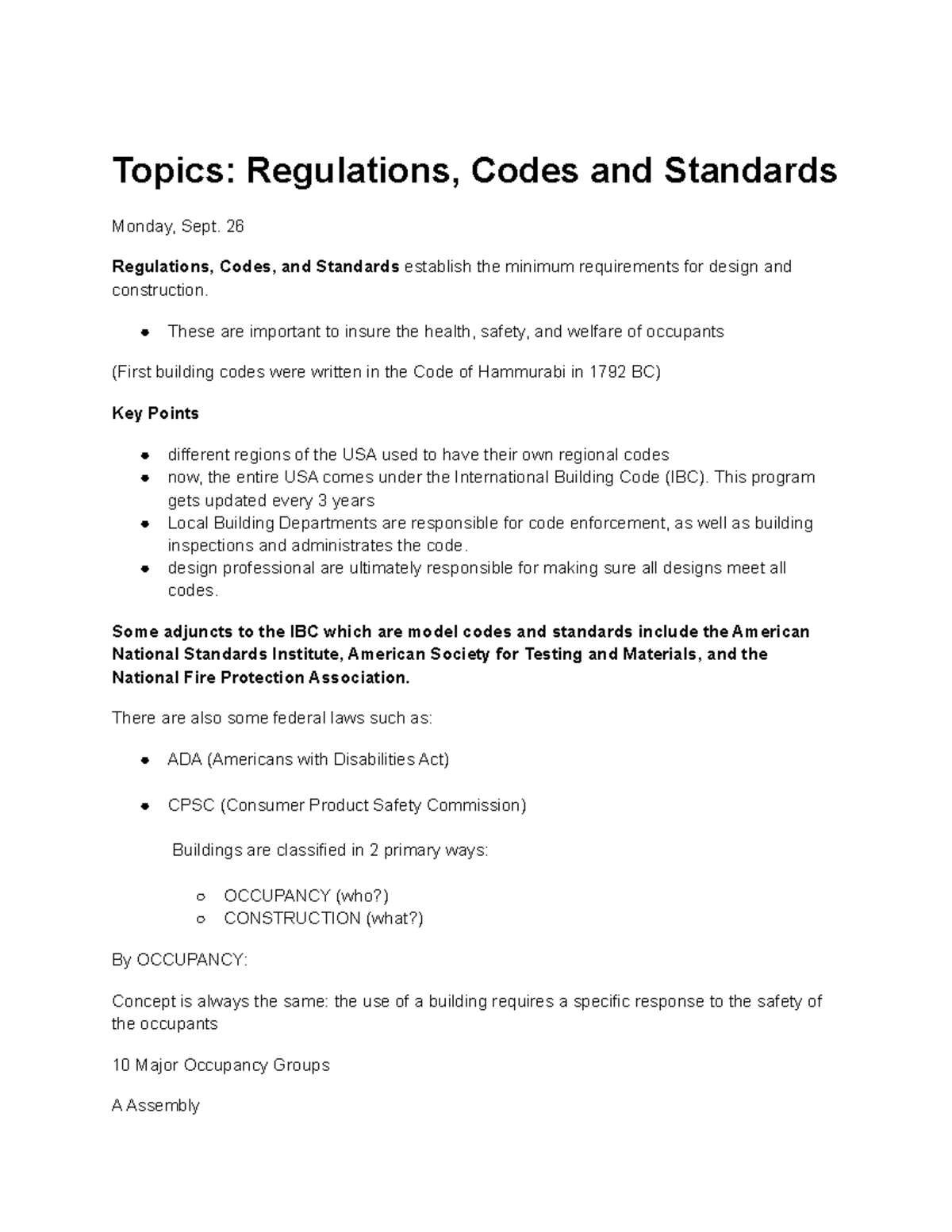 Lecture 3 Regulations, Codes and Standards Topics Regulations, Codes