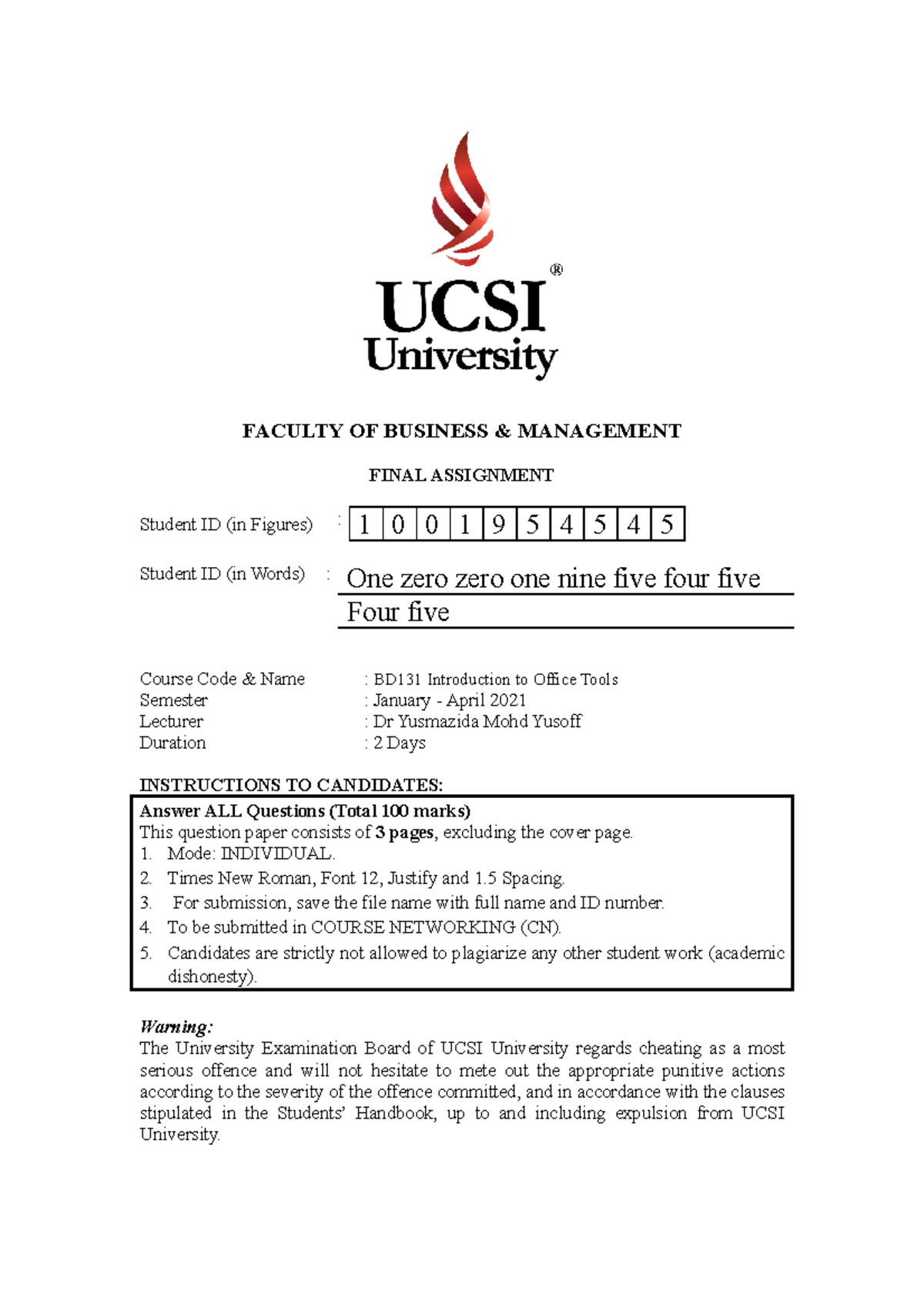 BD131 (SET A) Question - Lecture Notes 7 - FACULTY OF BUSINESS ...