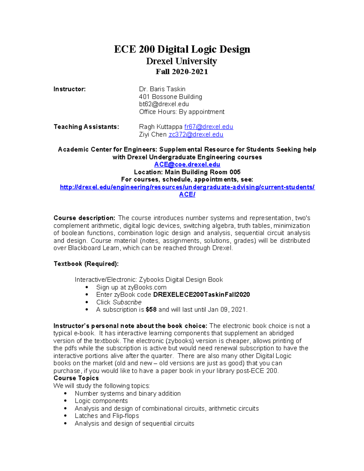 ECE200 Syllabus v1 - Aaaaa - ECE 200 Digital Logic Design Drexel ...