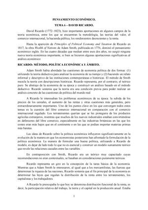 Apuntes David Ricardo - PENSAMIENTO ECONÓMICO. TEMA 6 – DAVID RICARDO. David  Ricardo (1772–1823), - Studocu