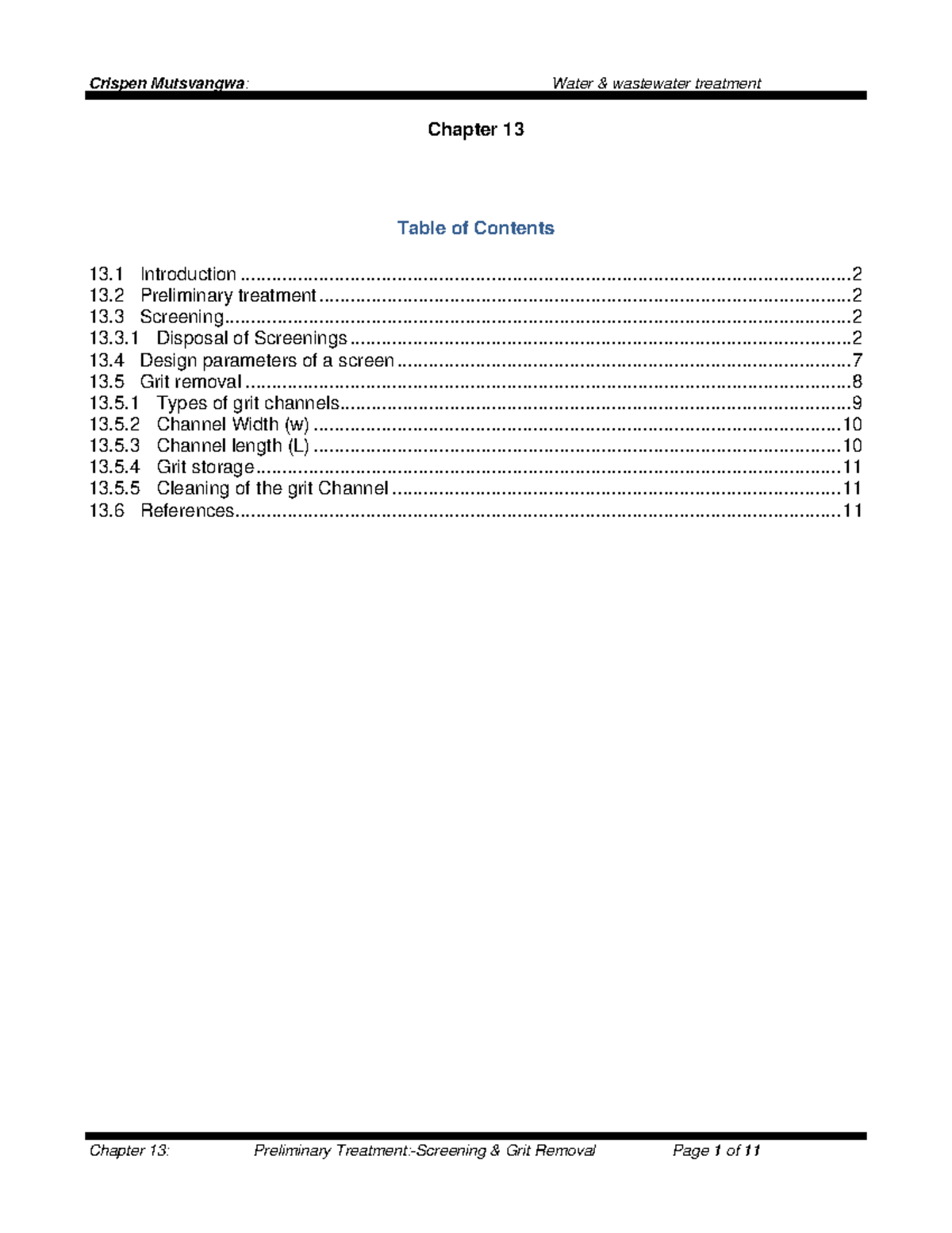 Chapter 13 Preliminary treatment Screening grit removal - Table of ...