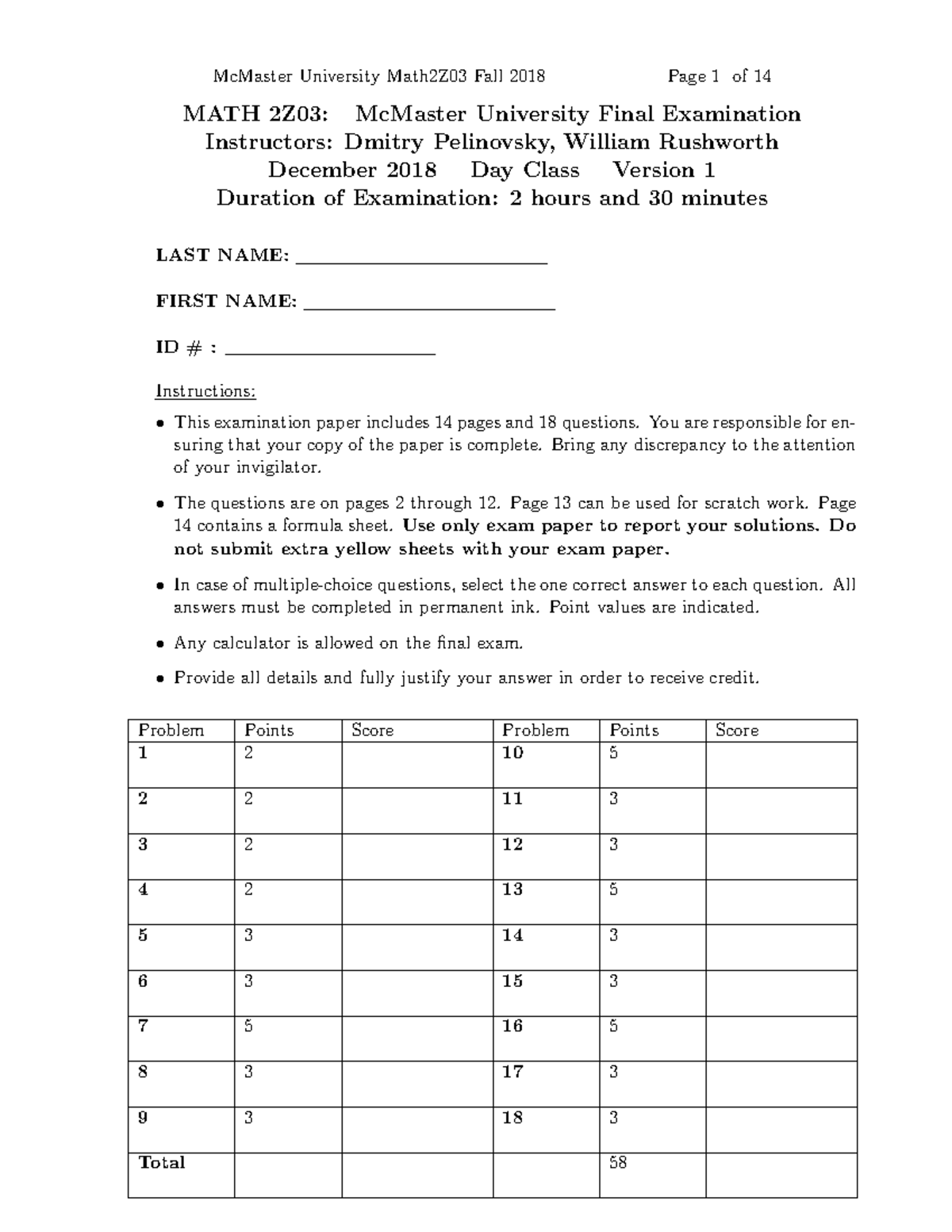 Final Sample 2018 - math homework - MATH 2Z03: McMaster University ...