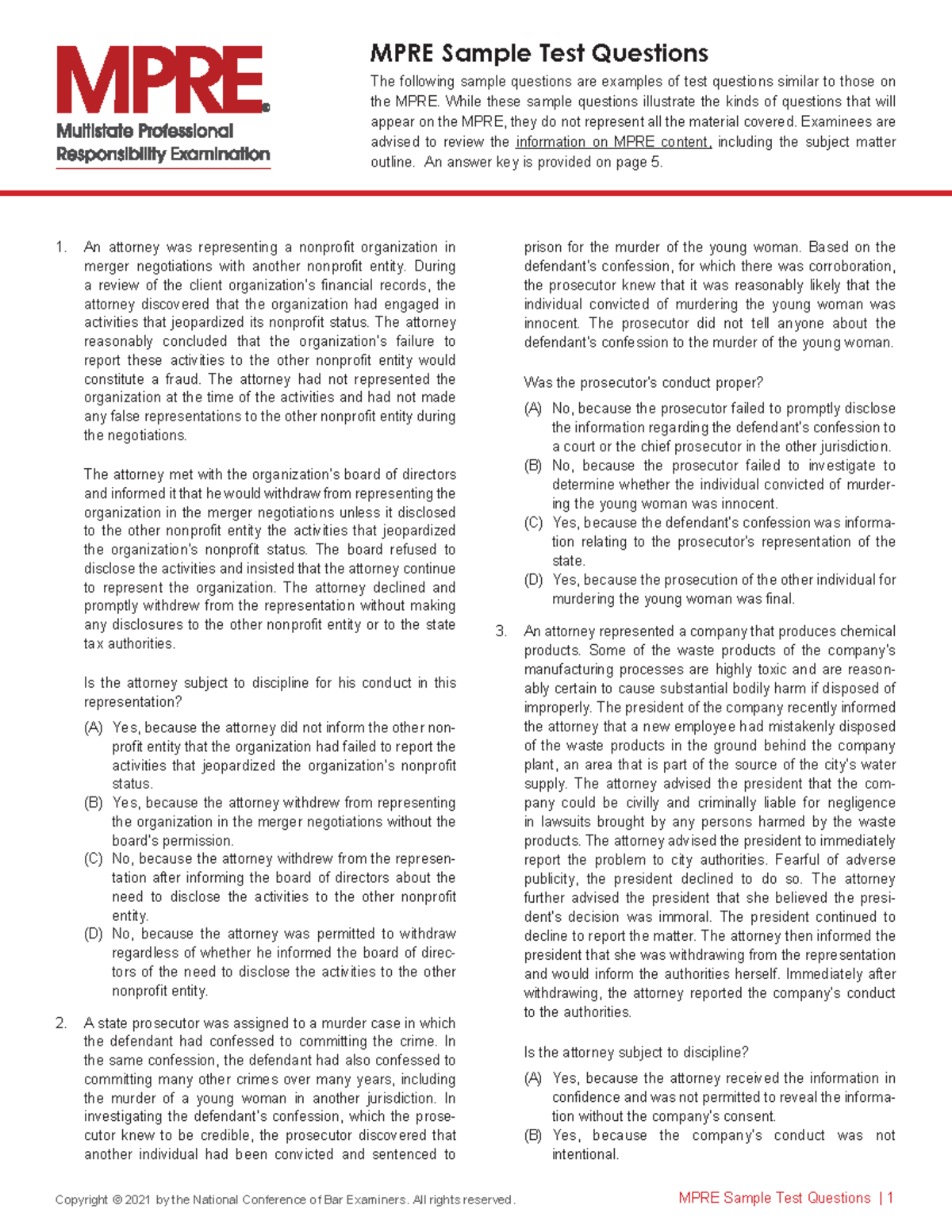 MPRE Sample Test Questions - Multistate Professional Responsibility