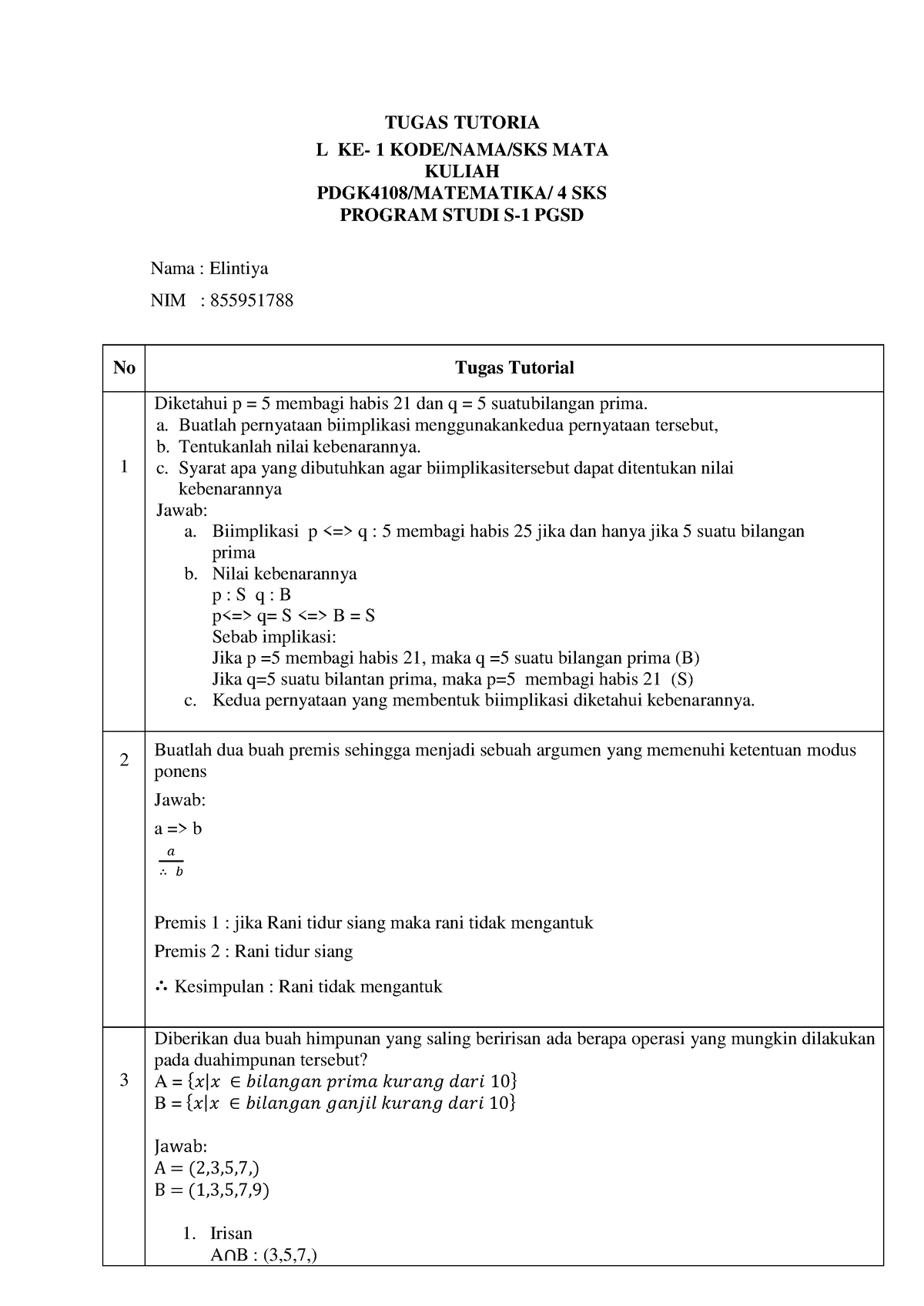 Tugas Tutorial 1 PDGK 4108 Matematika - TUGAS TUTORIA L KE- 1 KODE/NAMA ...