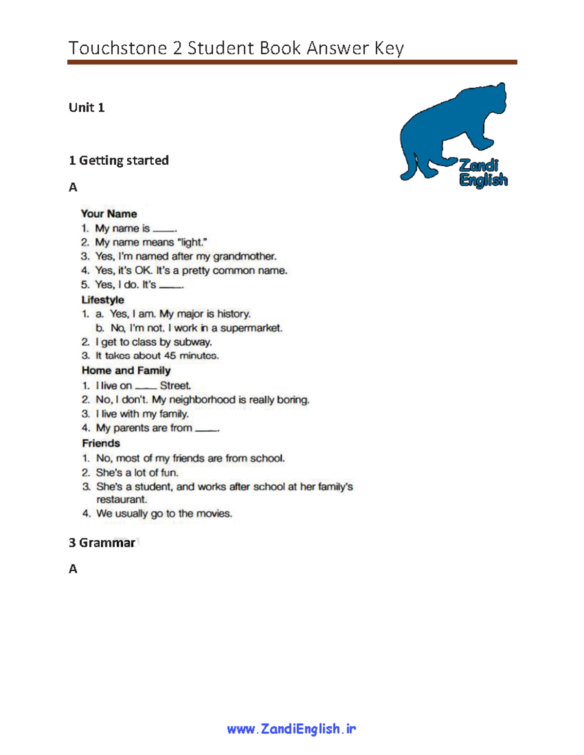 Touchstone 2 SB Answer Key Zandi English Unit 1 1 Getting started A 3