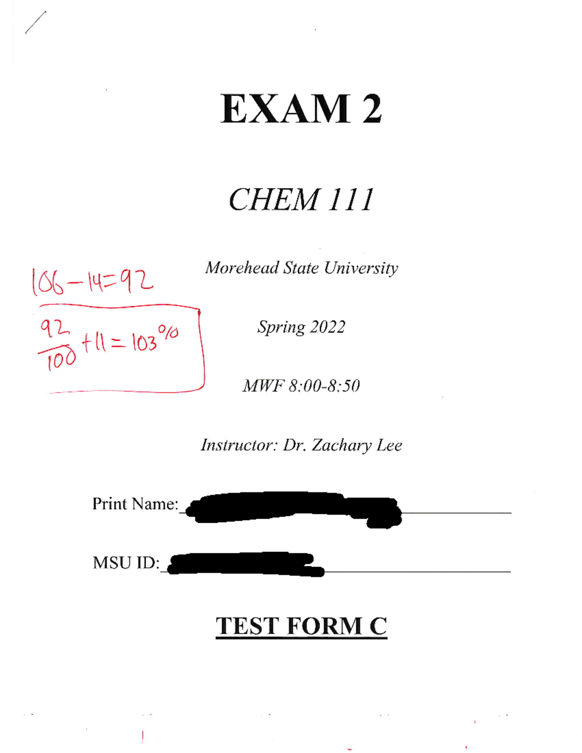 CHEM 111 Lee Exam 2 Spring 2022 - CHEM 111 - Studocu