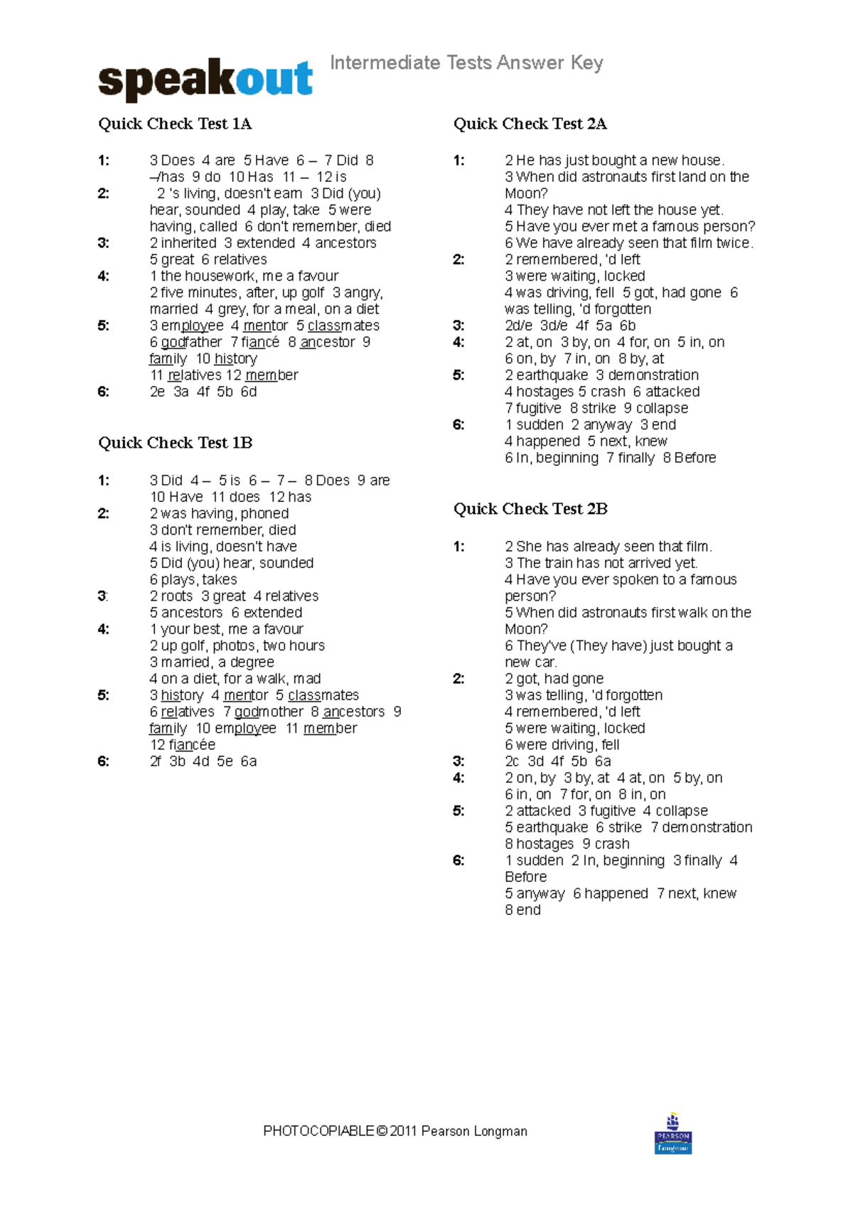 So i answerkey - Klucz odpowiedzi - Quick Check Test 1A 1: 3 Does 4 are ...