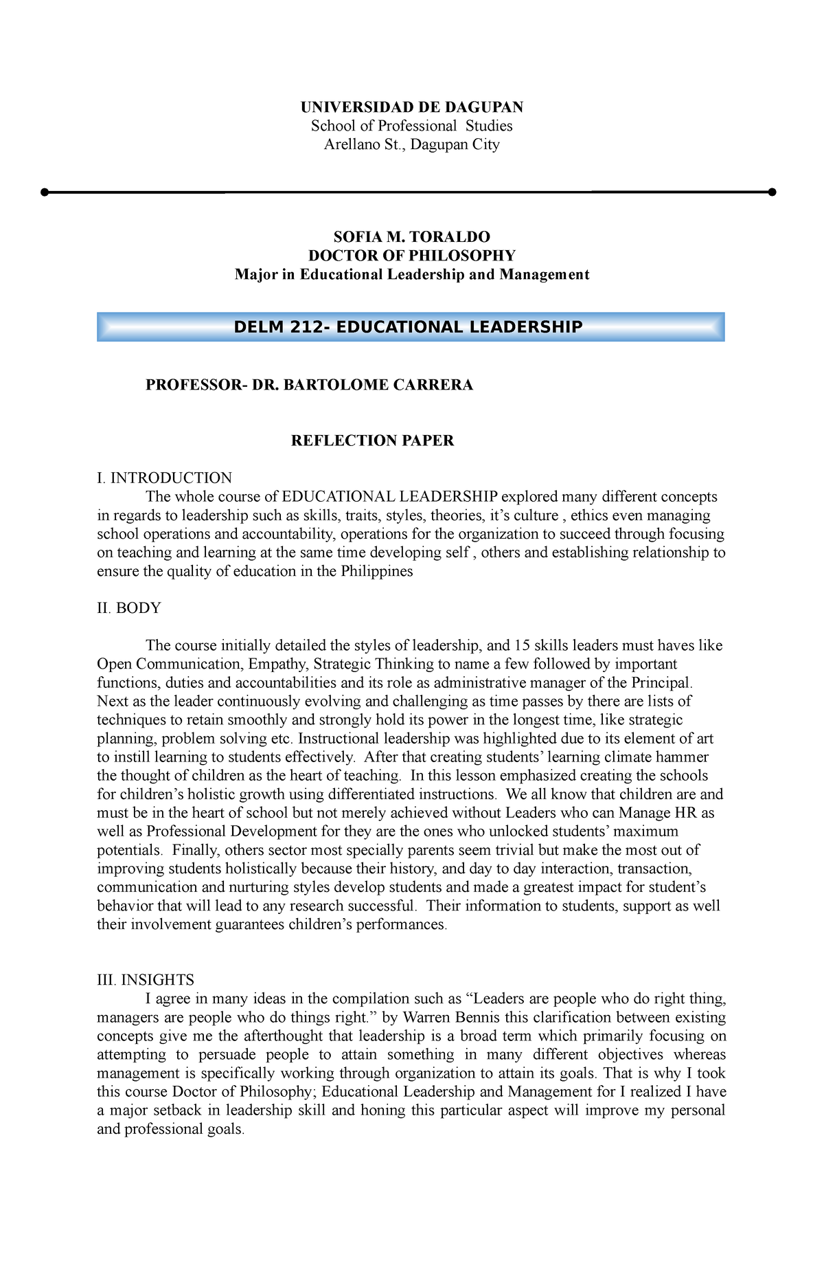 Toraldo- Sofia-PHD-UDD- Reflection- Paper DELM212 - UNIVERSIDAD DE ...