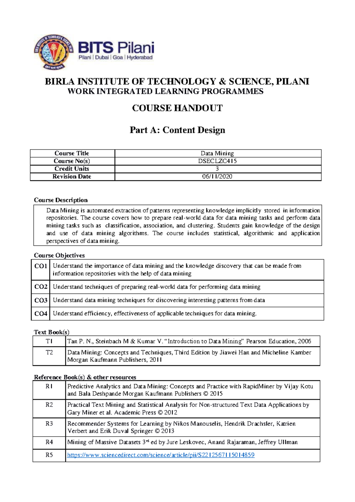 Data Mining Course Handout - BIRLA INSTITUTE OF TECHNOLOGY & SCIENCE ...