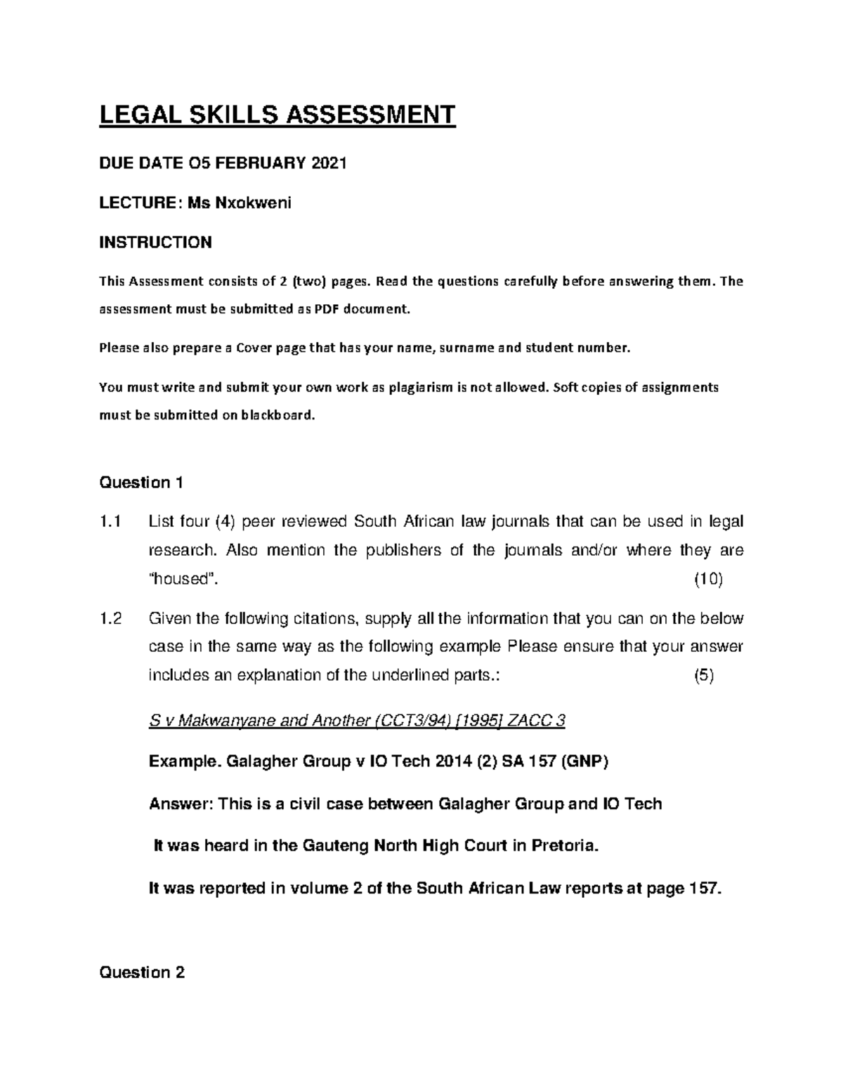 Assessment 1 for legal skills. Ms Nxokweni - LEGAL SKILLS ASSESSMENT ...
