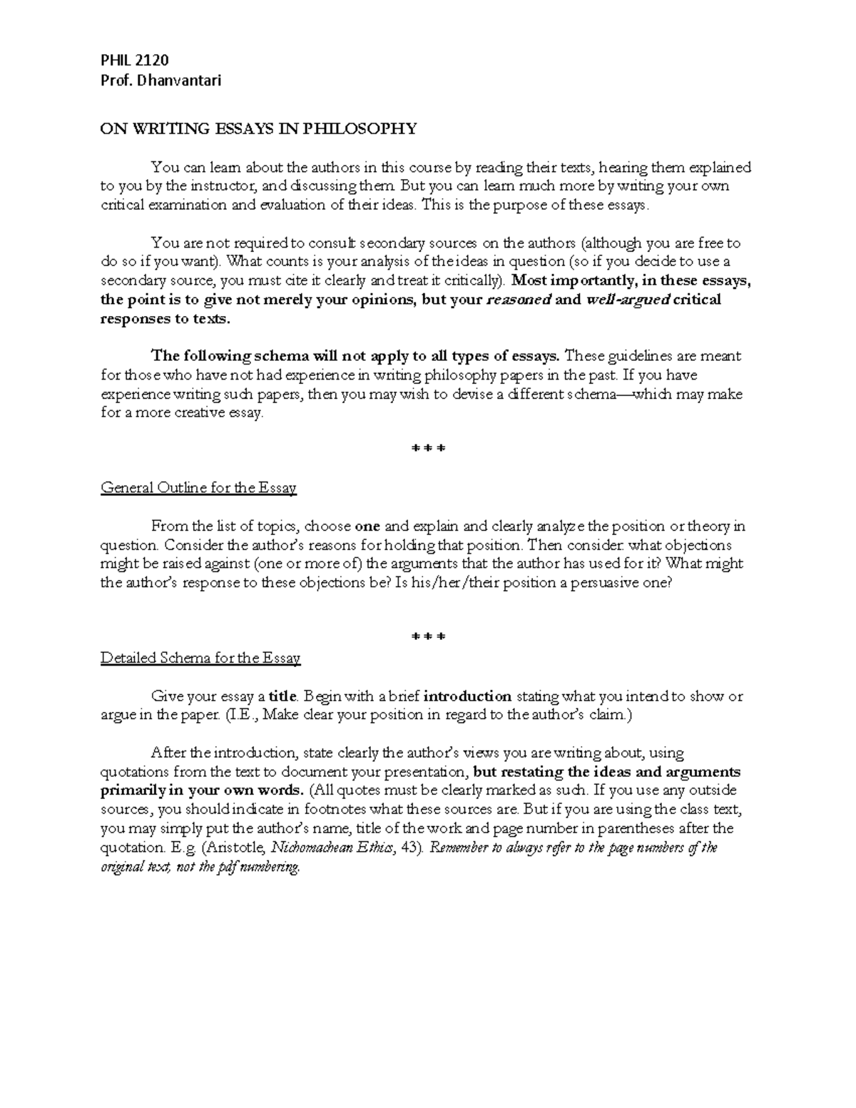 Essay Guidlines PHIL 2120 - PHIL 2120 Prof. Dhanvantari ON WRITING ...