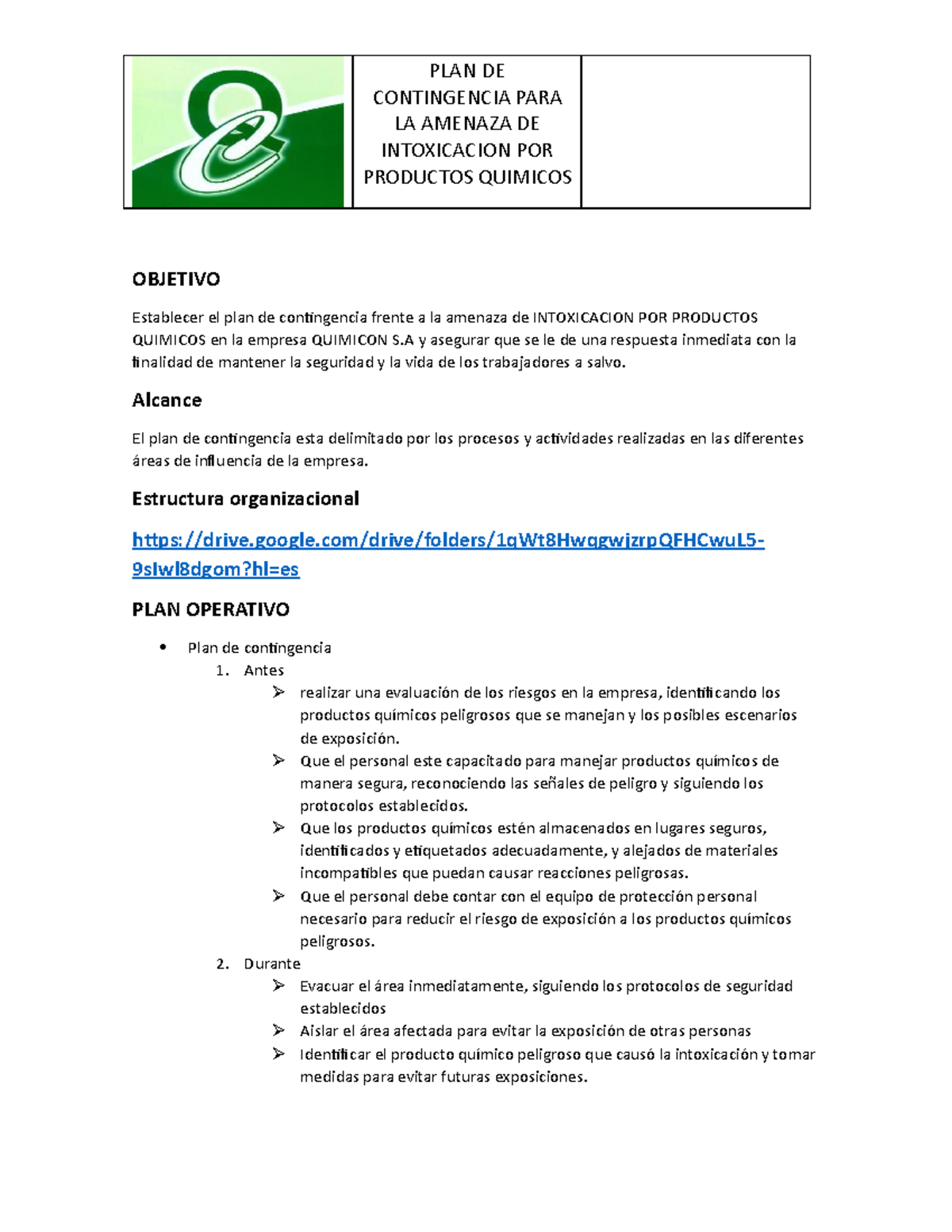 Plan de contingencia 2 - documento - PLAN DE CONTINGENCIA PARA LA ...