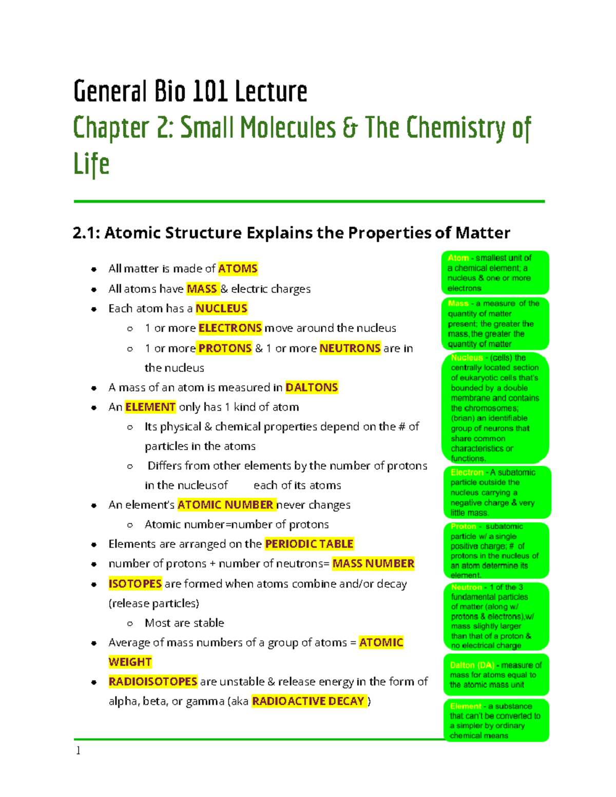 Bio 101 Ch. 2 Notes General Bio 101 Lecture Chapter 2 Small Molecules & The Chemistry of Life