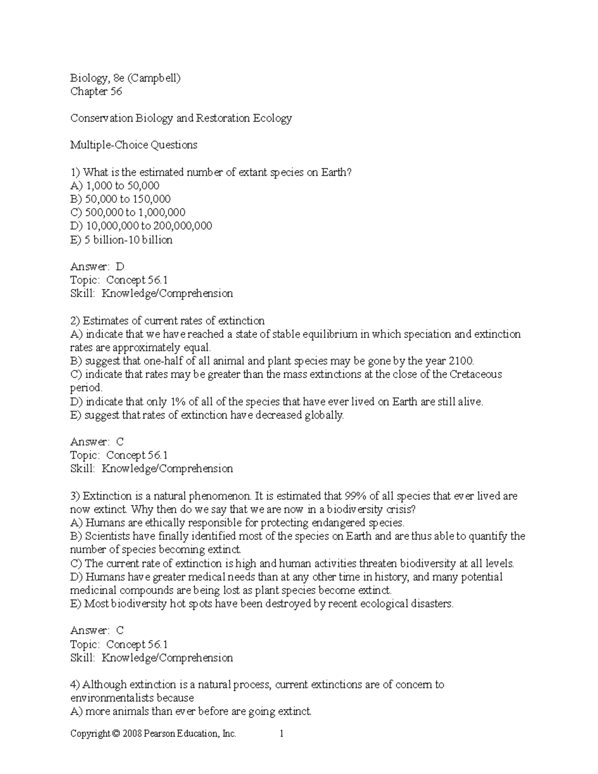 Campbell questions Biology, 8e (Campbell) Chapter 56 Conservation