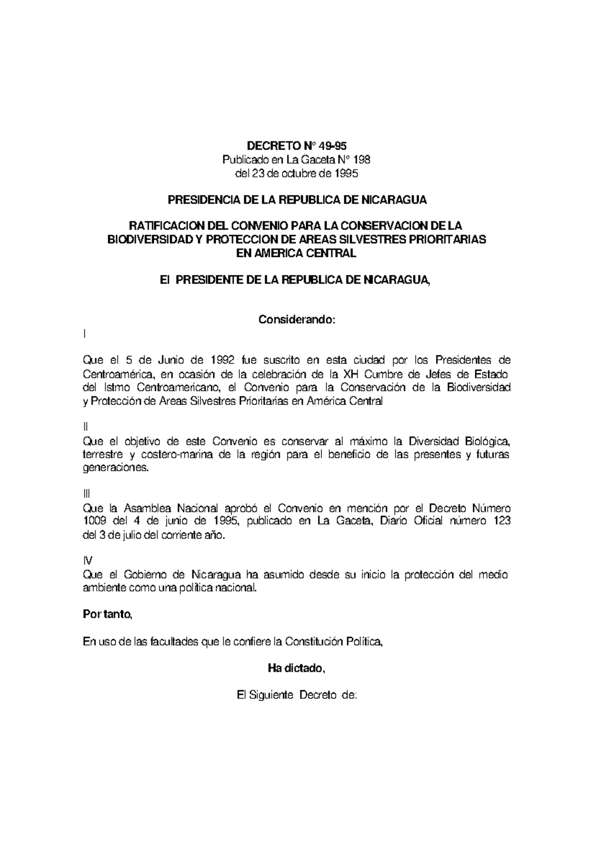 Ratificacion de Cites - T-49-95 - DECRETO N° 49- Publicado en La Gaceta ...
