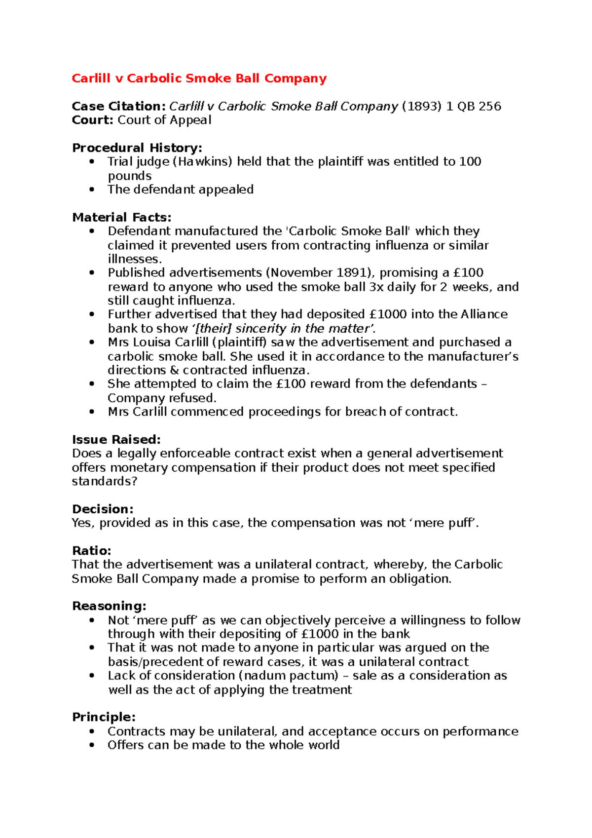 Carlill v Carbolic Case Summary Carlill v Carbolic Smoke Ball Company