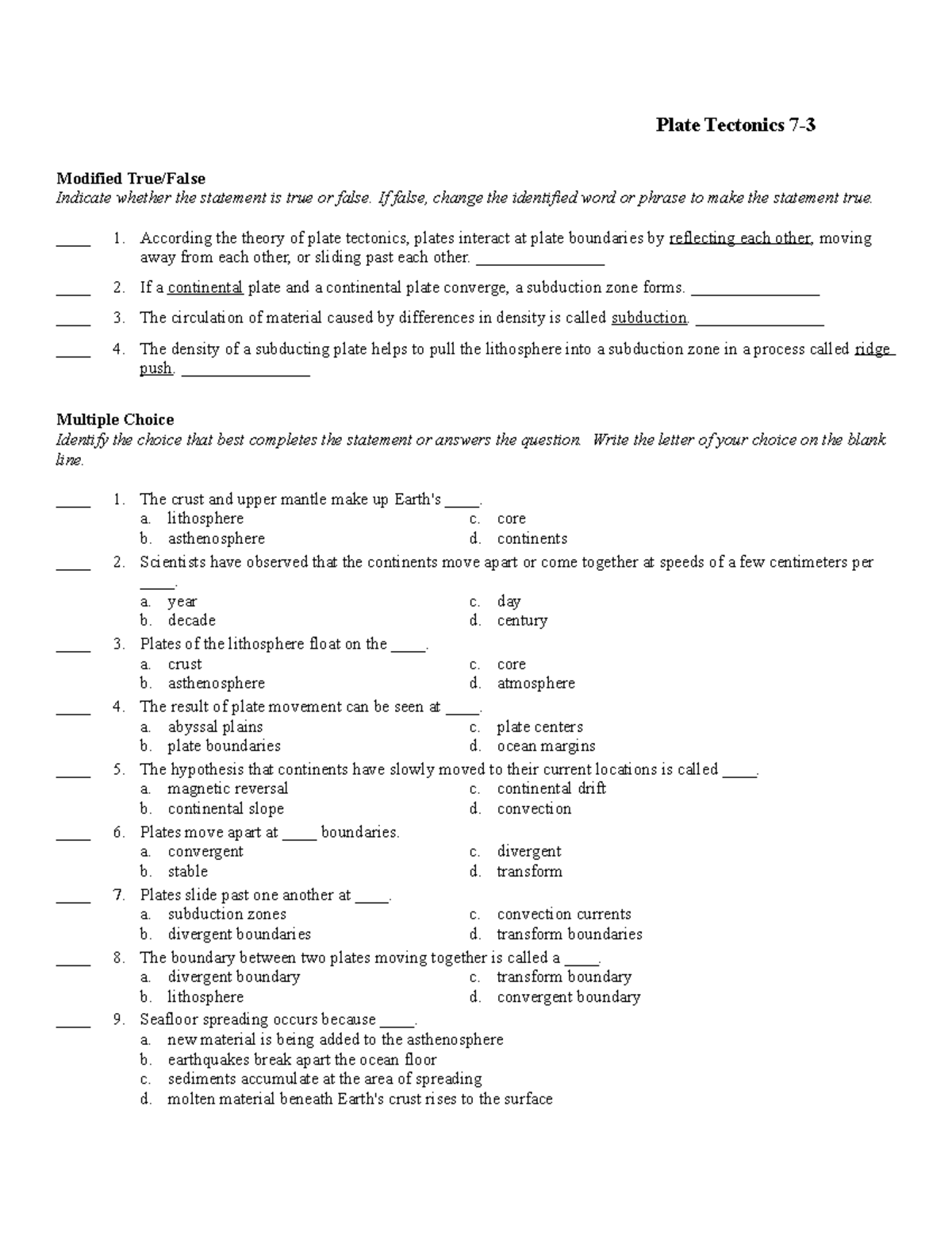 Test Plate Tectonics 7-3 - Plate Tectonics 7- Modified True/False ...