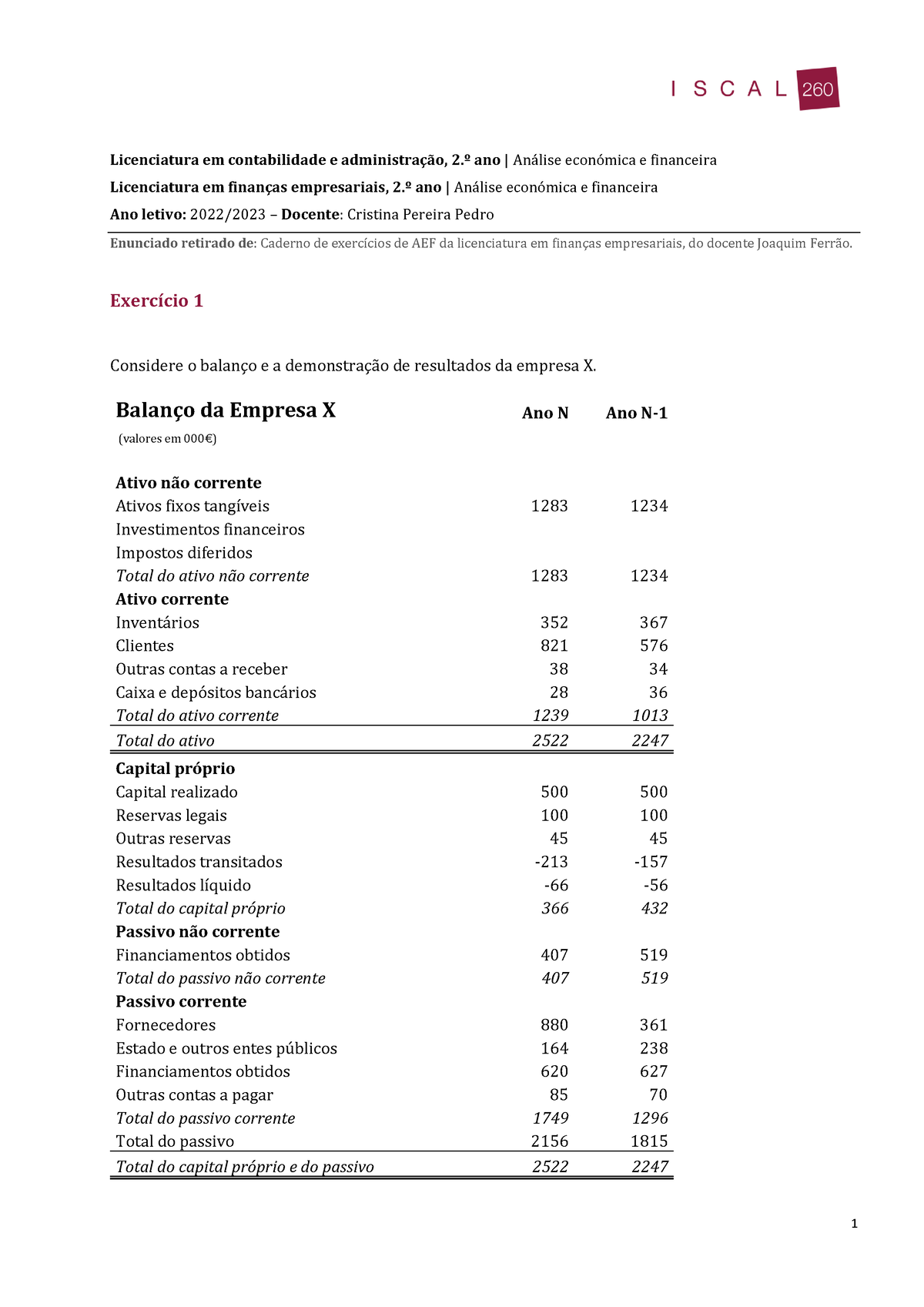 Exercicio 1 Aef 2022 1 Licenciatura Em Contabilidade E Administração 2º Ano Análise 6158