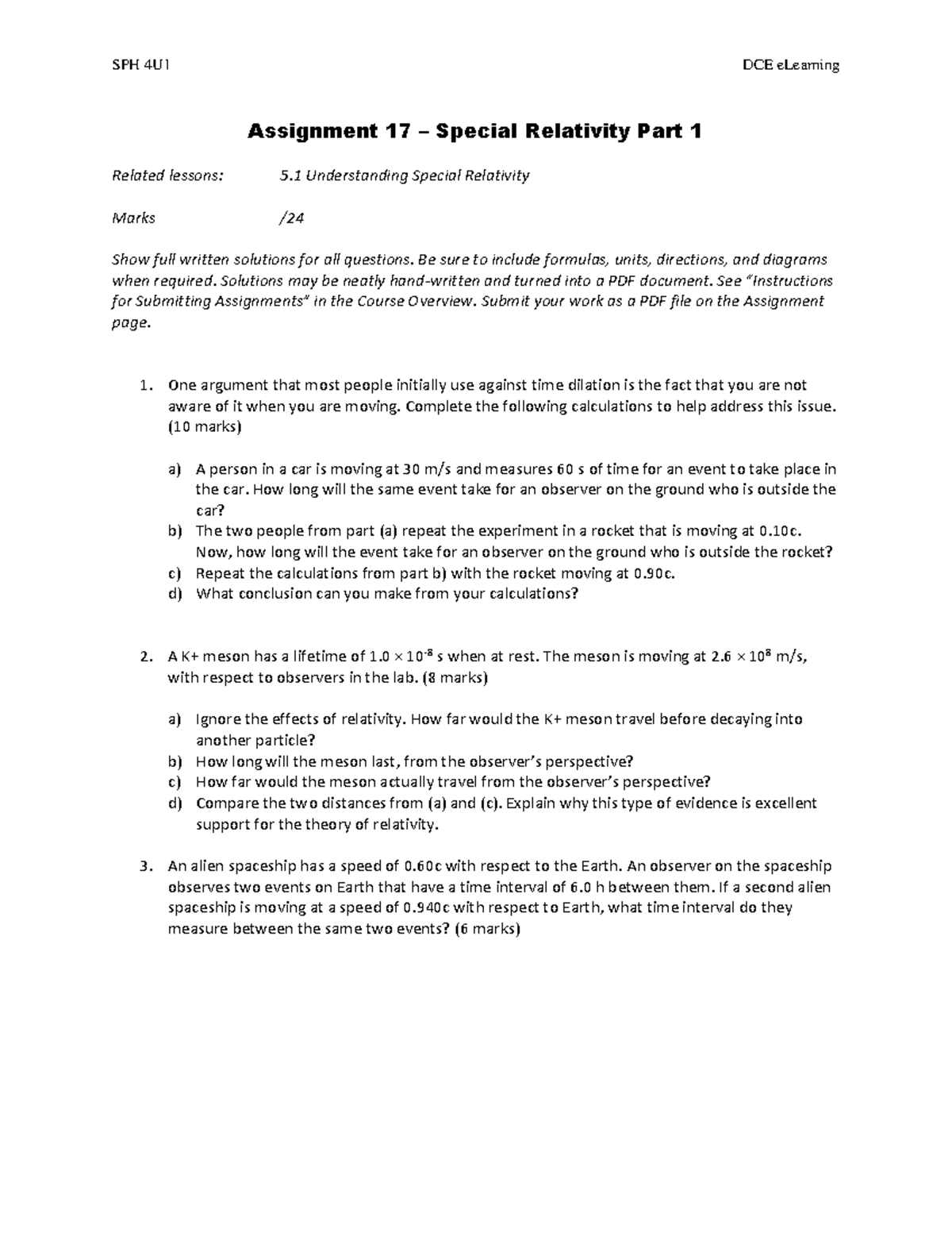 A17 Special Relativity Part 1 - SPH 4U1 DCE eLearning Assignment 17 ...