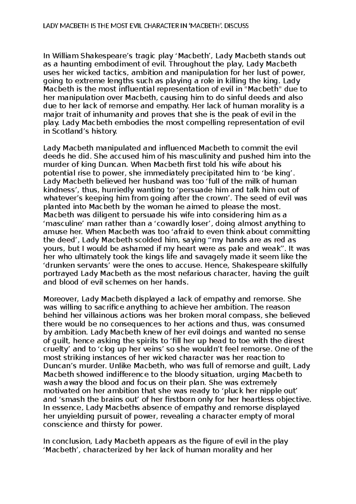 In William Shakespeare - LADY MACBETH IS THE MOST EVIL CHARACTER IN ...
