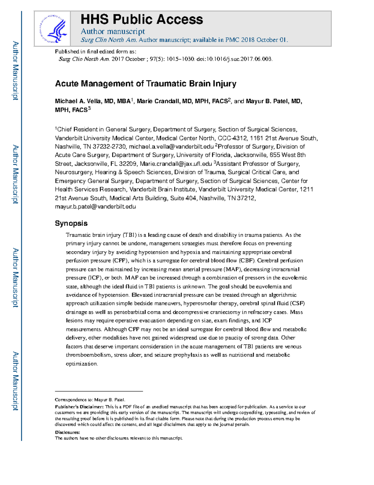 Acute Management of Traumatic Brain Injury - Vella, MD, MBA 1 , Marie ...
