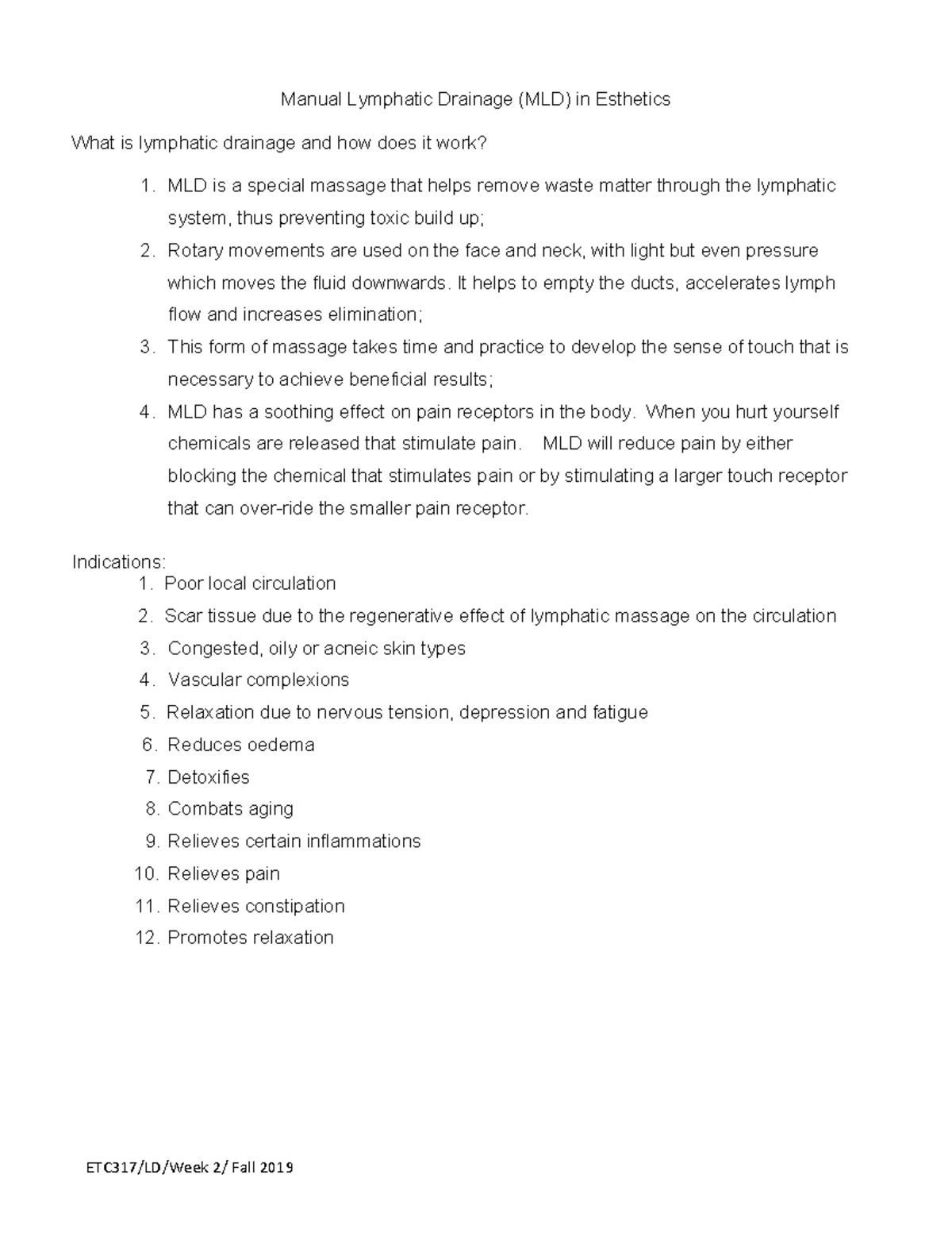 Lymphatic Drainage in Esthetics ETC317/LD/Week 2/ Fall 2019 Manual