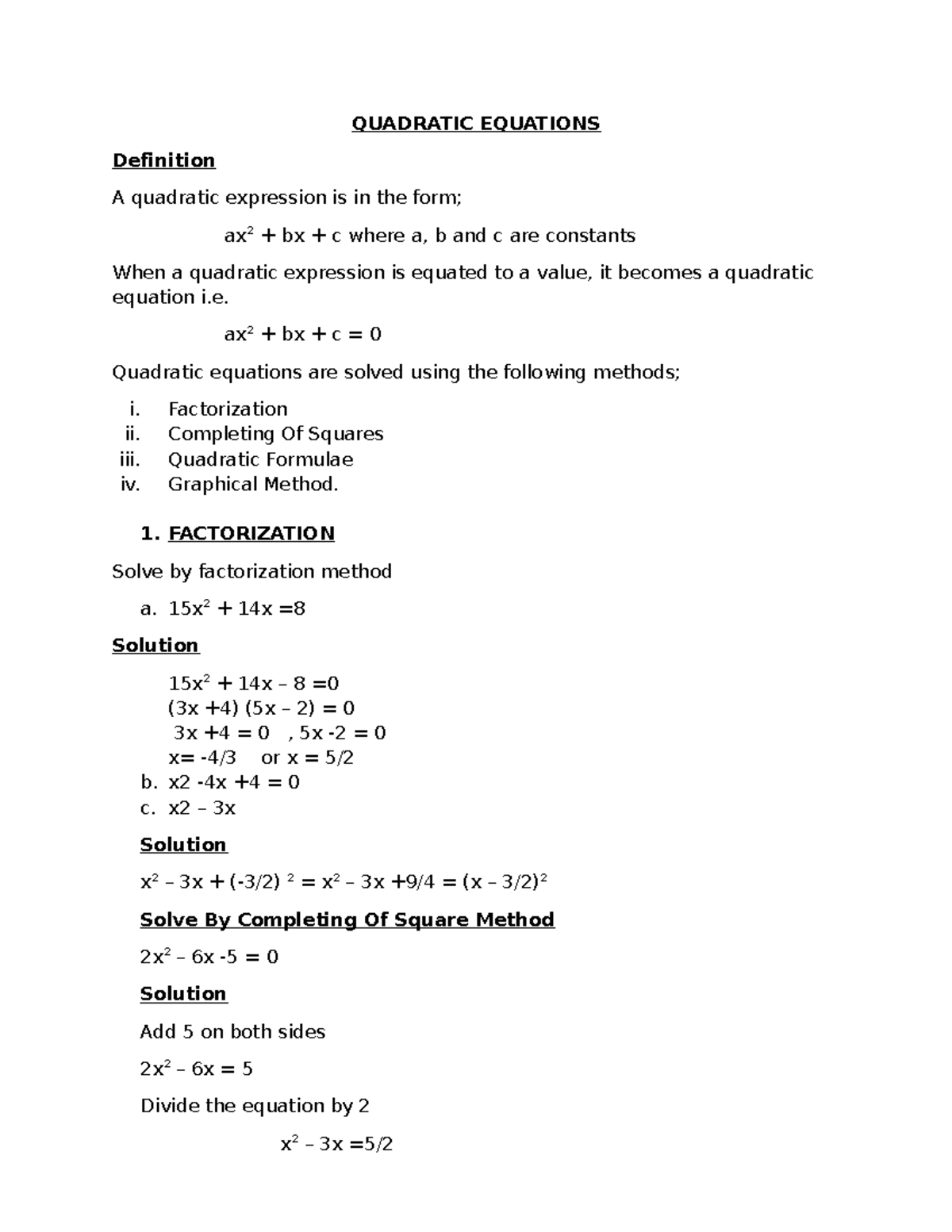 SMA103 ANALYTICAL GEOMETRY - QUADRATIC EQUATIONS Definition A quadratic ...