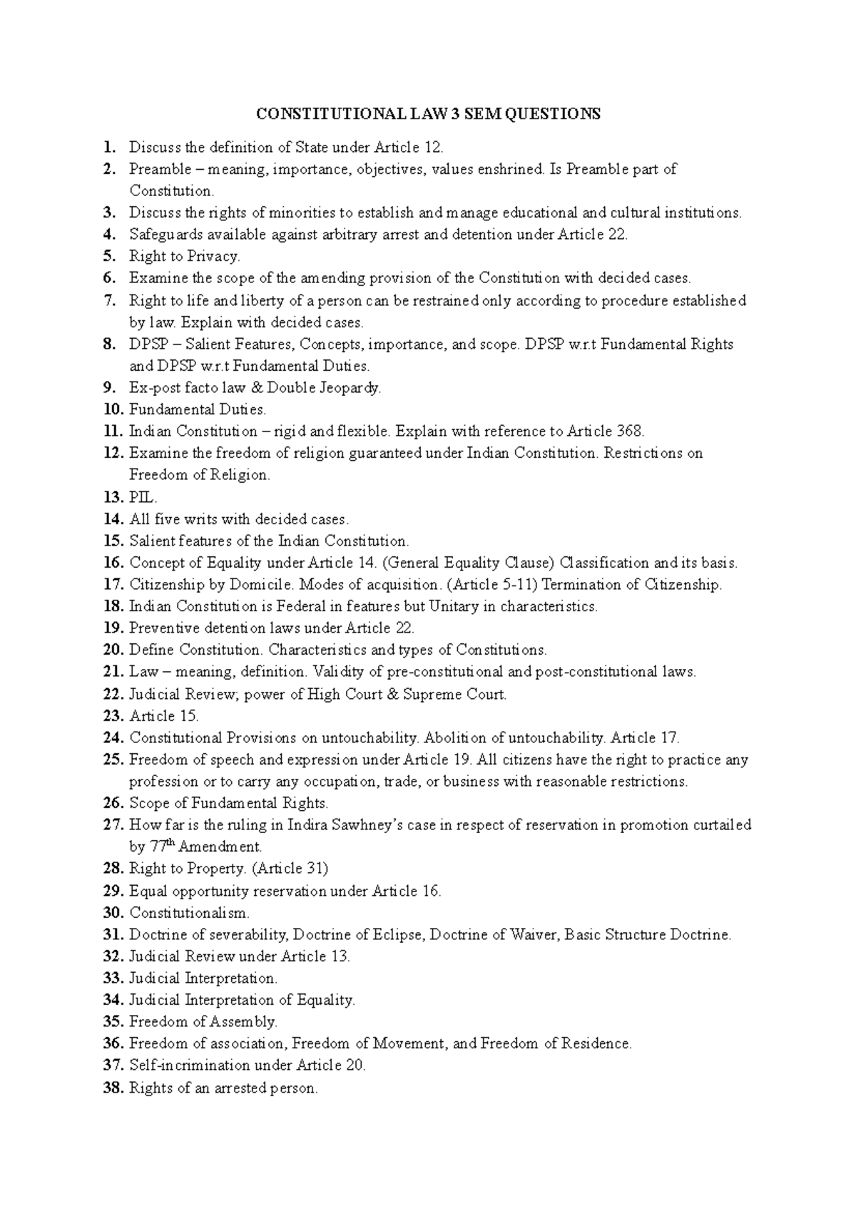 Constitutional Law Finals Questions CONSTITUTIONAL LAW 3 SEM QUESTIONS Discuss the definition