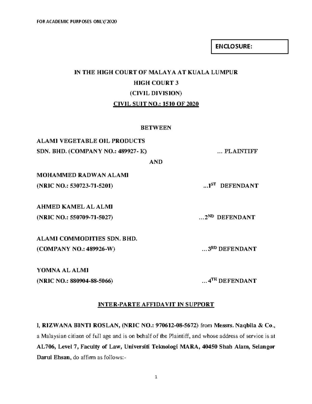 Ais For Mareva Injunction In The High Court Of Malaya At Kuala Lumpur High Court 3 Civil Studocu