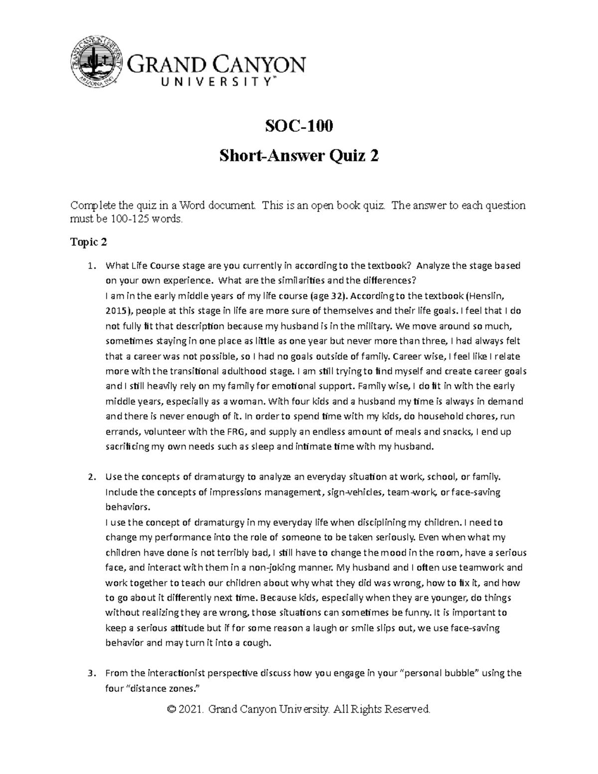 Week two, quiz two - SOC- Short-Answer Quiz 2 Complete the quiz in a ...