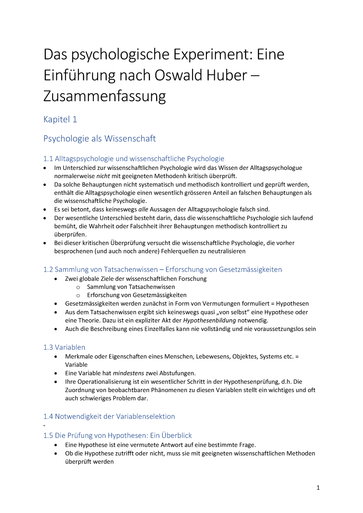 Zusammenfassung „Das Psychologische Experiment; Eine Einführung“ - Das ...