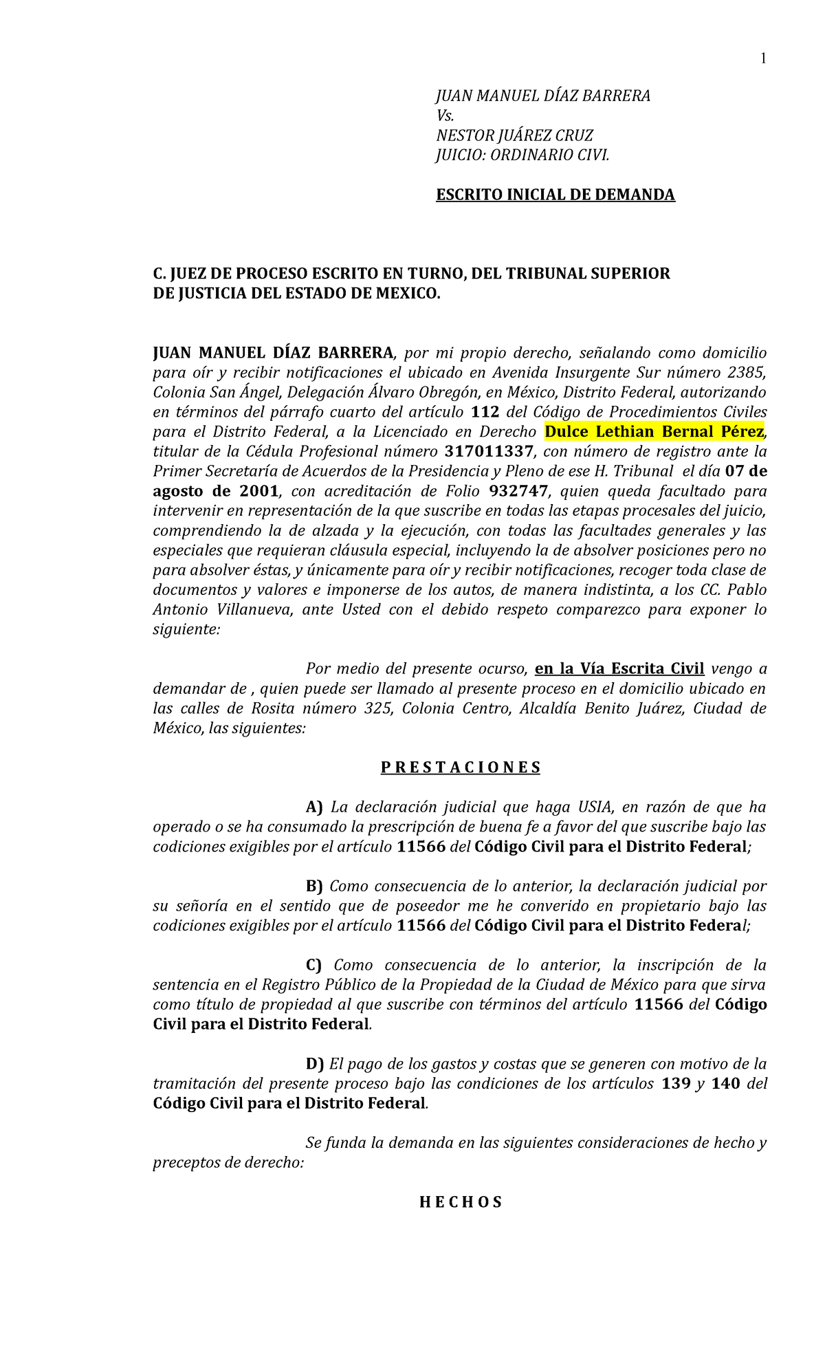 Escrito Inicial De Demanda Juicio Ordinario Civil 1 Juan Manuel DÍaz Barrera Vs Nestor