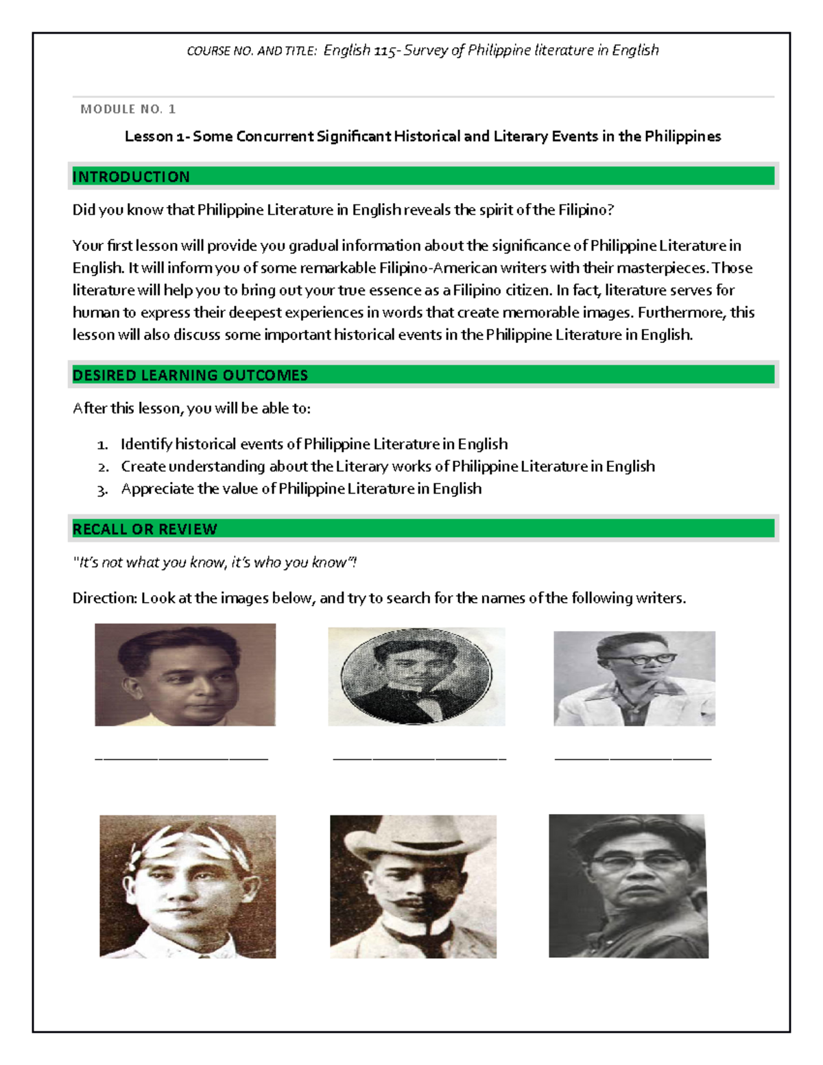 Module 1 Survey Of Philippine Literature In English week 1 MODULE NO 