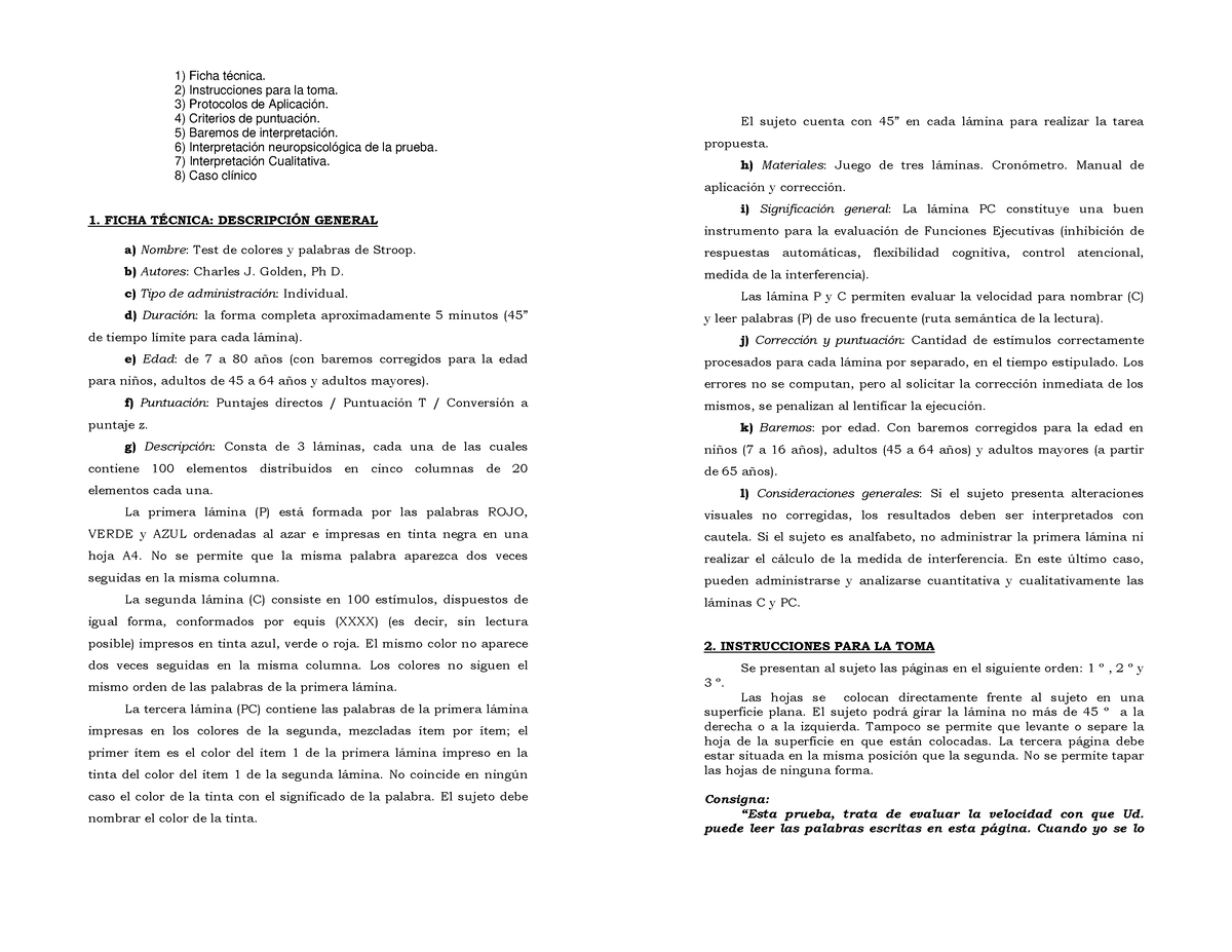 Test De Stroop 1 Ficha TÉcnica DescripciÓn General A Nombre Test De Colores Y Palabras De 0649