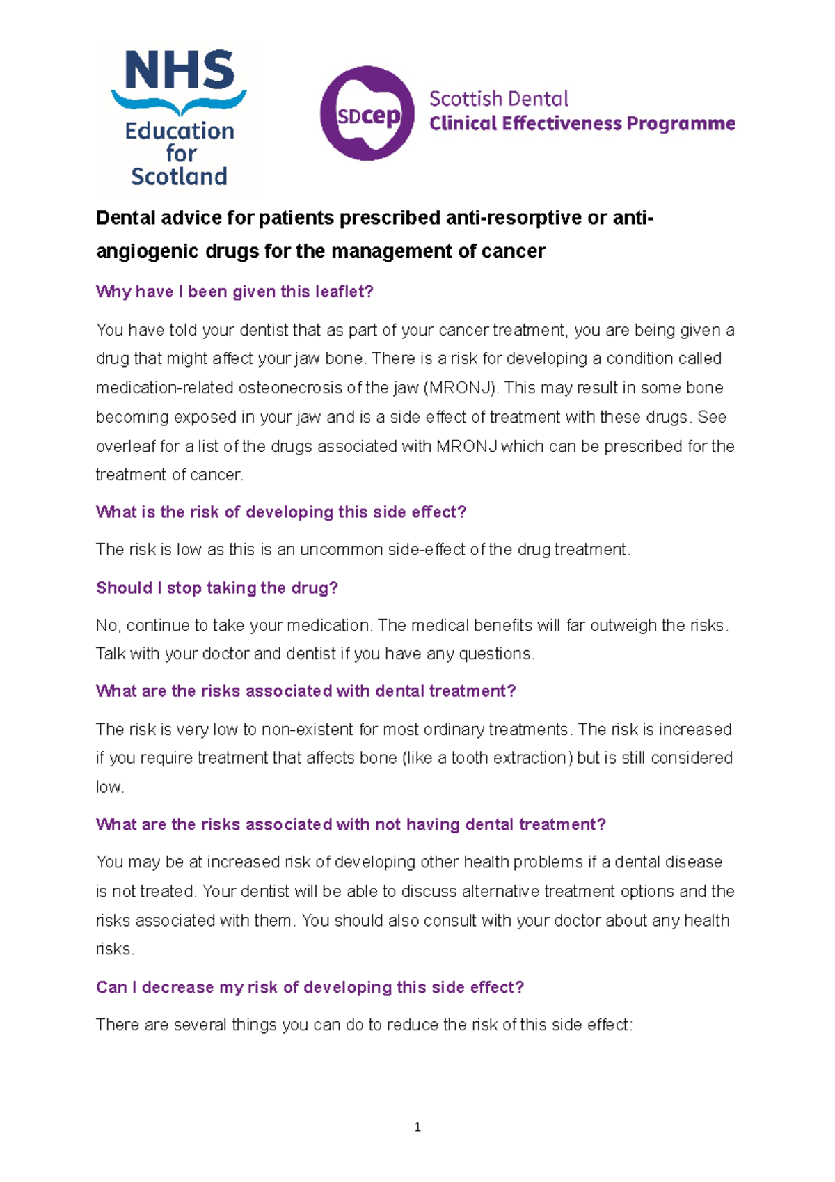 Sdcep mronj information for cancer patients accessible Dental advice