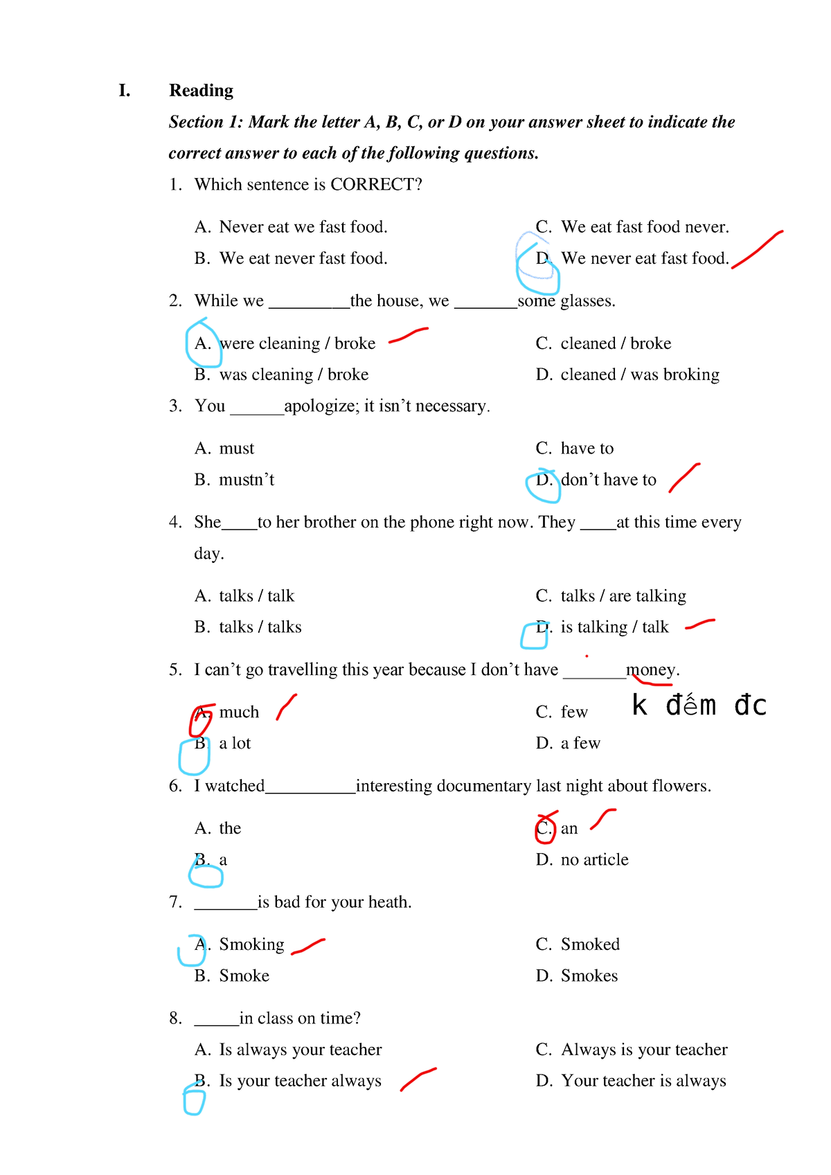 Đề ôn Tập Cho Lớp B1 - Bai Tap - I. Reading Section 1: Mark The Letter ...