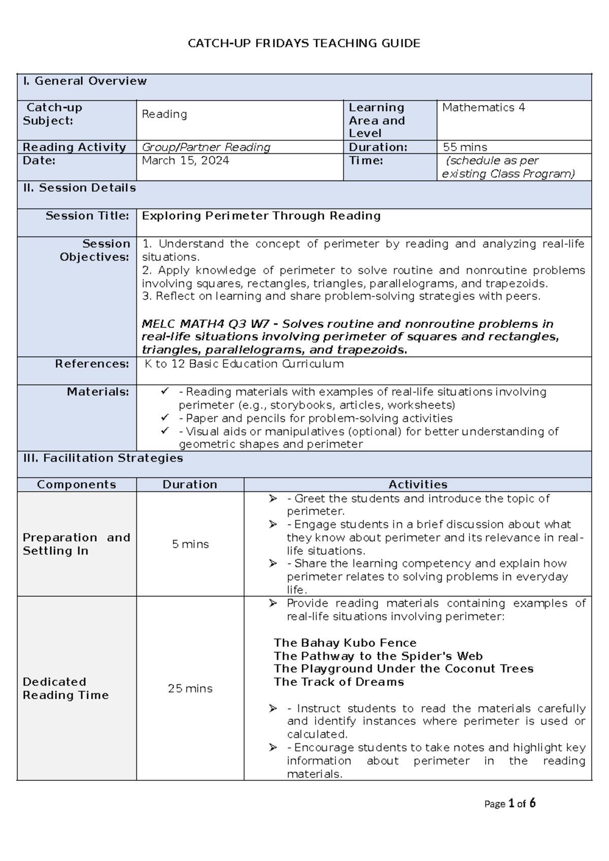 G4 MATH W7 - CUF - none - I. General Overview Catch-up Subject: Reading ...