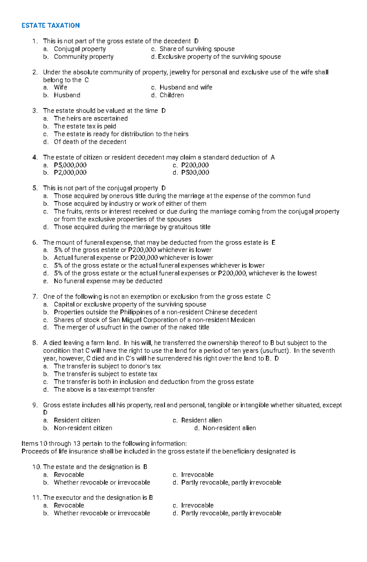 Estate Tax Mcq - Estate Taxation This Is Not Part Of The Gross Estate 