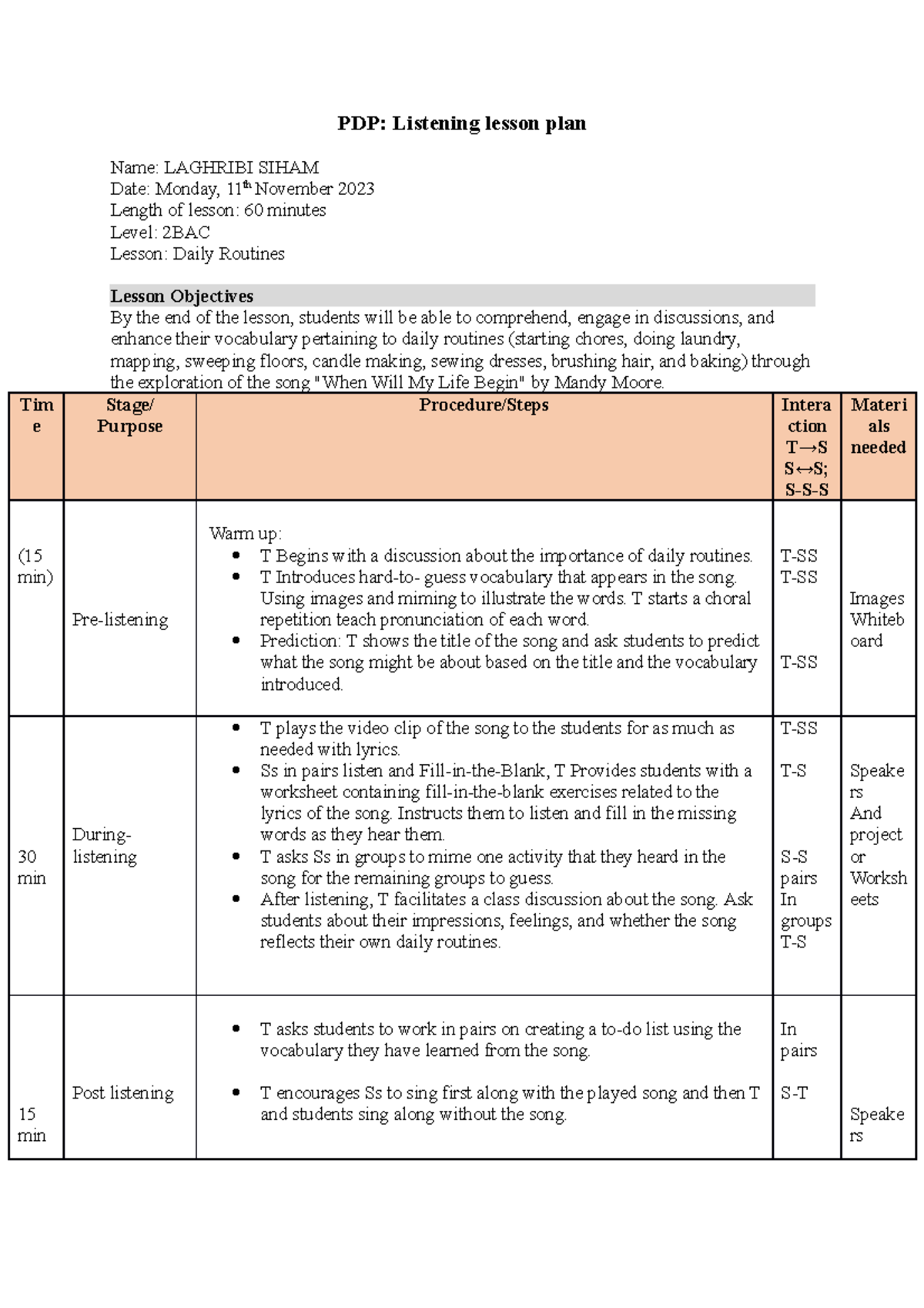 PDP lesson plan siham laghribi - PDP: Listening lesson plan Name ...