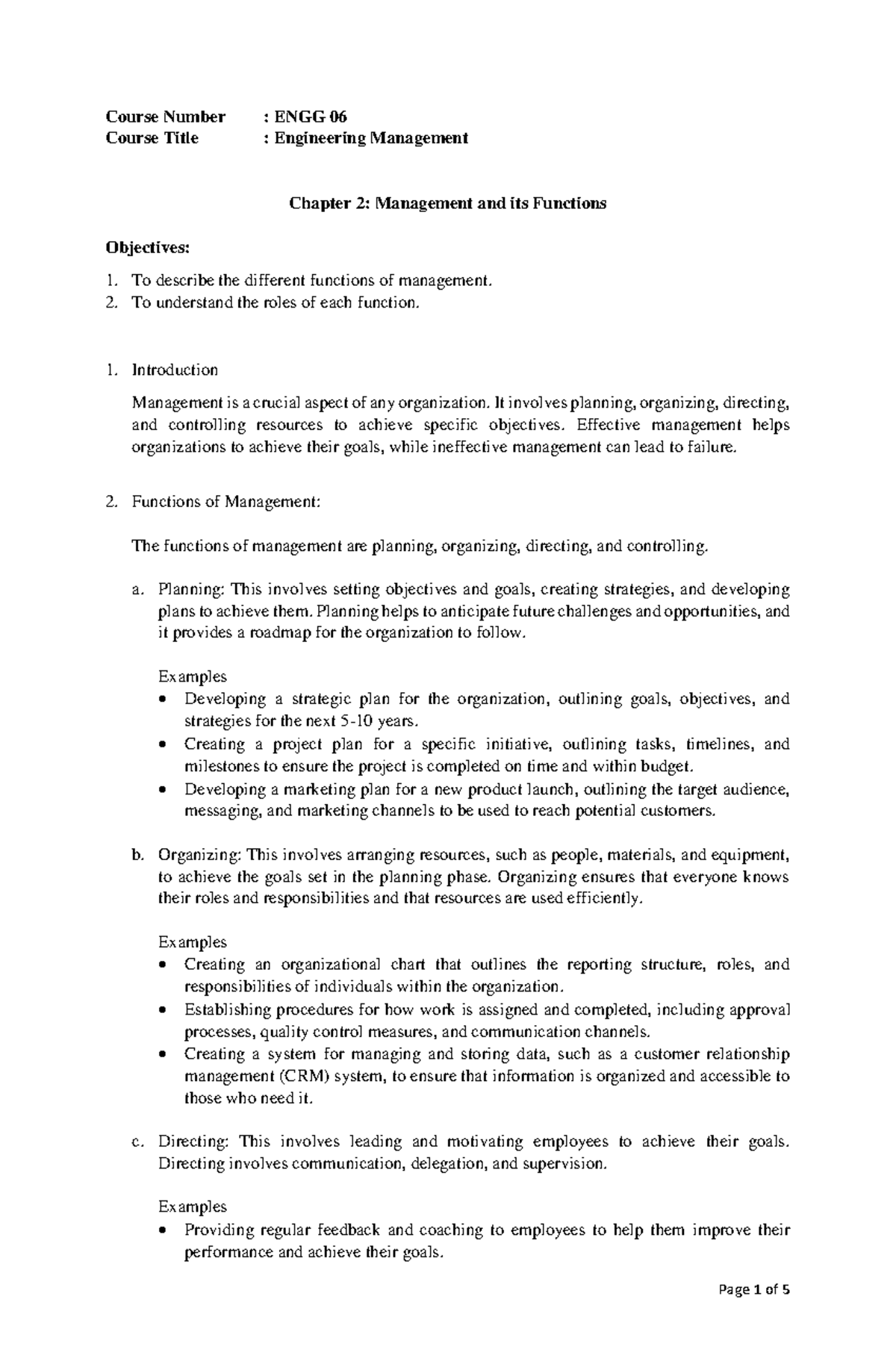 Chapter 02-Management and Its Functions - Course Number : ENGG 06 ...