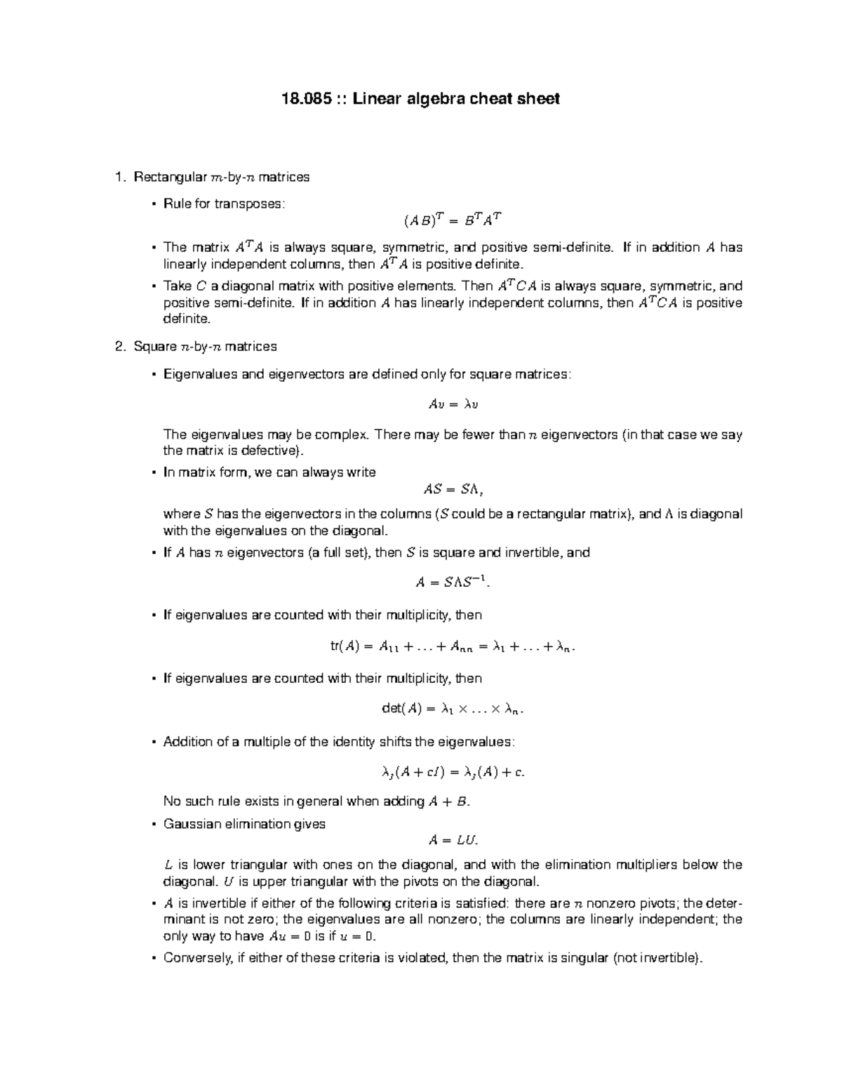 Linear algebra cheat sheet 18 Linear algebra cheat sheet