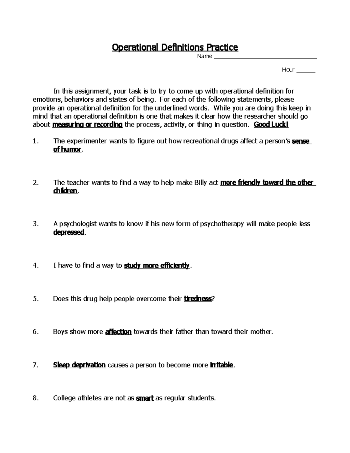 Operational Definitions Worksheet Operational DefinitionName