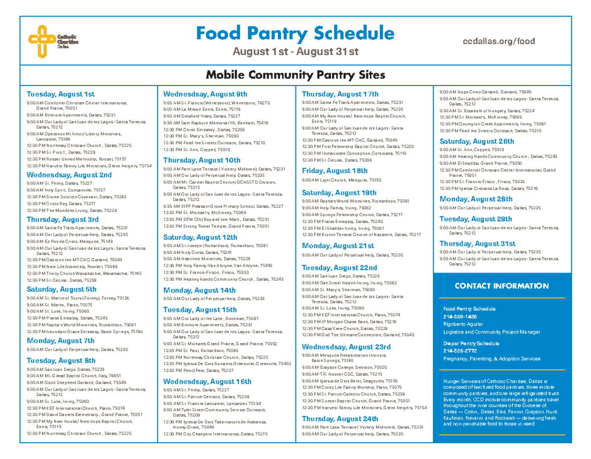 Food Pantry Schedule August Food Pantry Schedule August 1st August