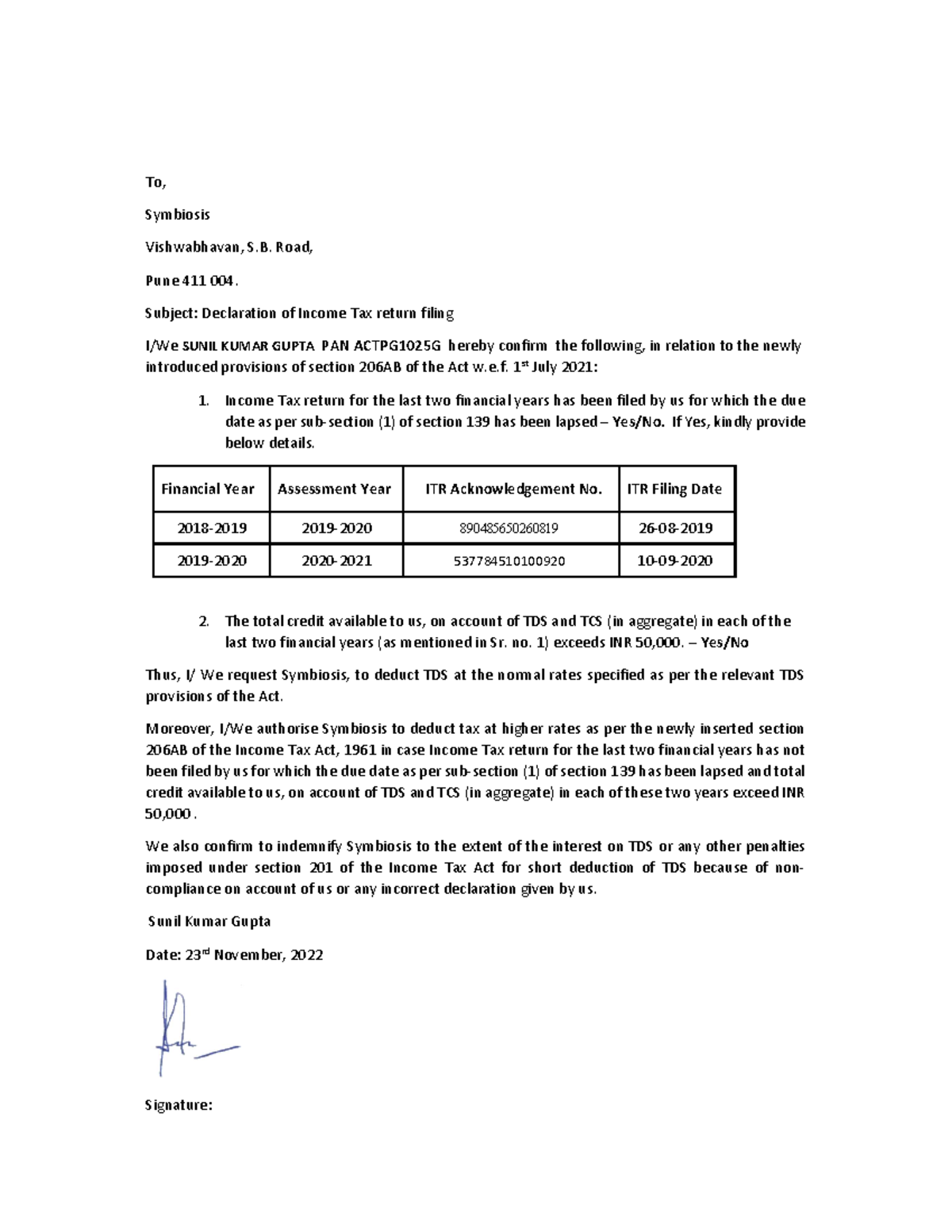 Vendor declaration for Section 206AB (1) - To, Symbiosis Vishwabhavan ...