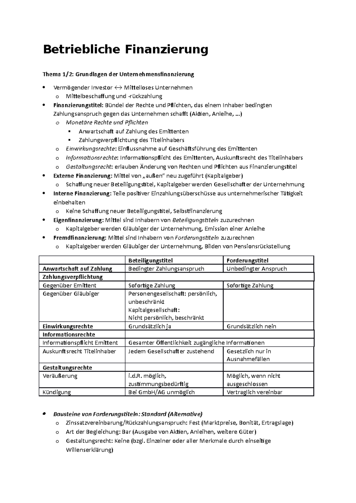 Zusammenfassung - Betriebliche Finanzierung Thema 1/2: Grundlagen der ...
