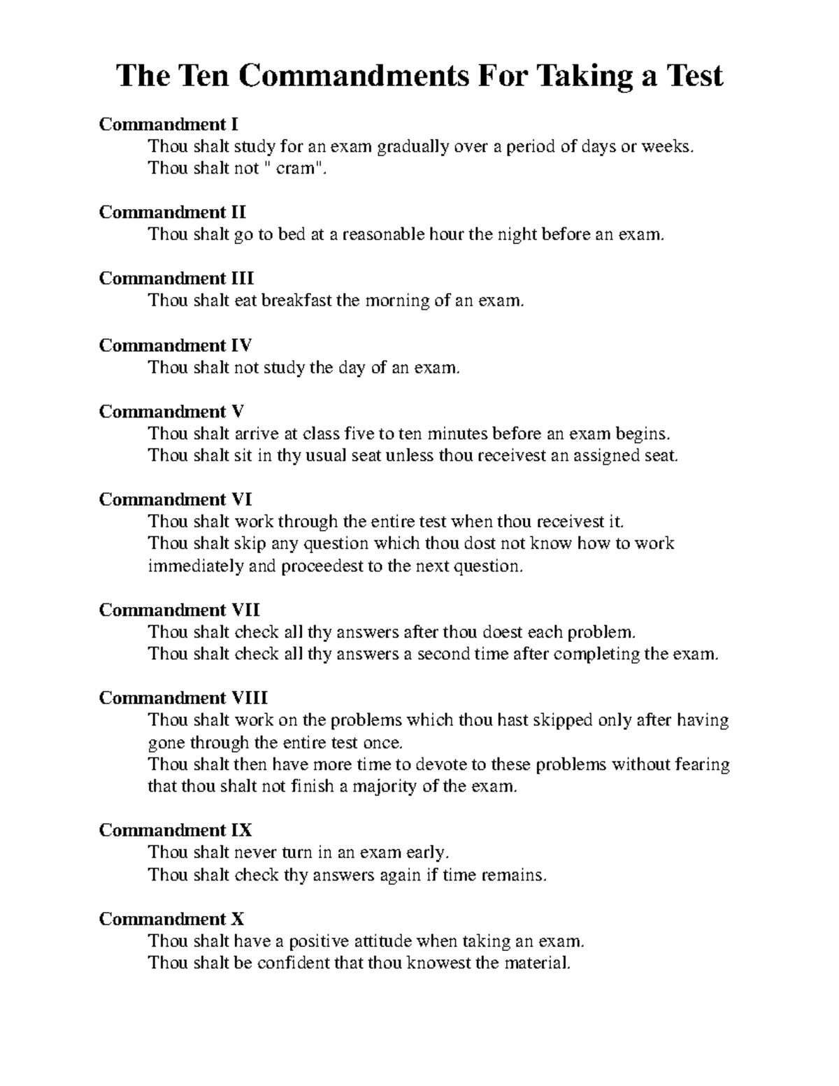 Help taking test Ten Test Taking Commandments - The Ten Commandments ...